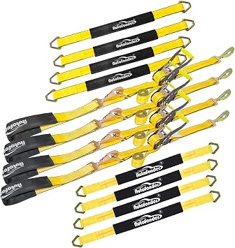 4 Pack 2 Heavy Duty Car Ratchet Tie Down Kit with Snap Hooks-Break Strength 10,000lbs-Working Load 3,333lbs-Includes 8 Pack 36 Axle Straps Yellow