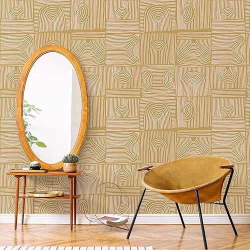 Miniatura 4 de VEELIKE Papel tapiz geométrico bohemio con arcos amarillos para despegar y pegar, extraíble, para dormitorio, baño, 17.7 x 118 pulgadas, papel tapiz