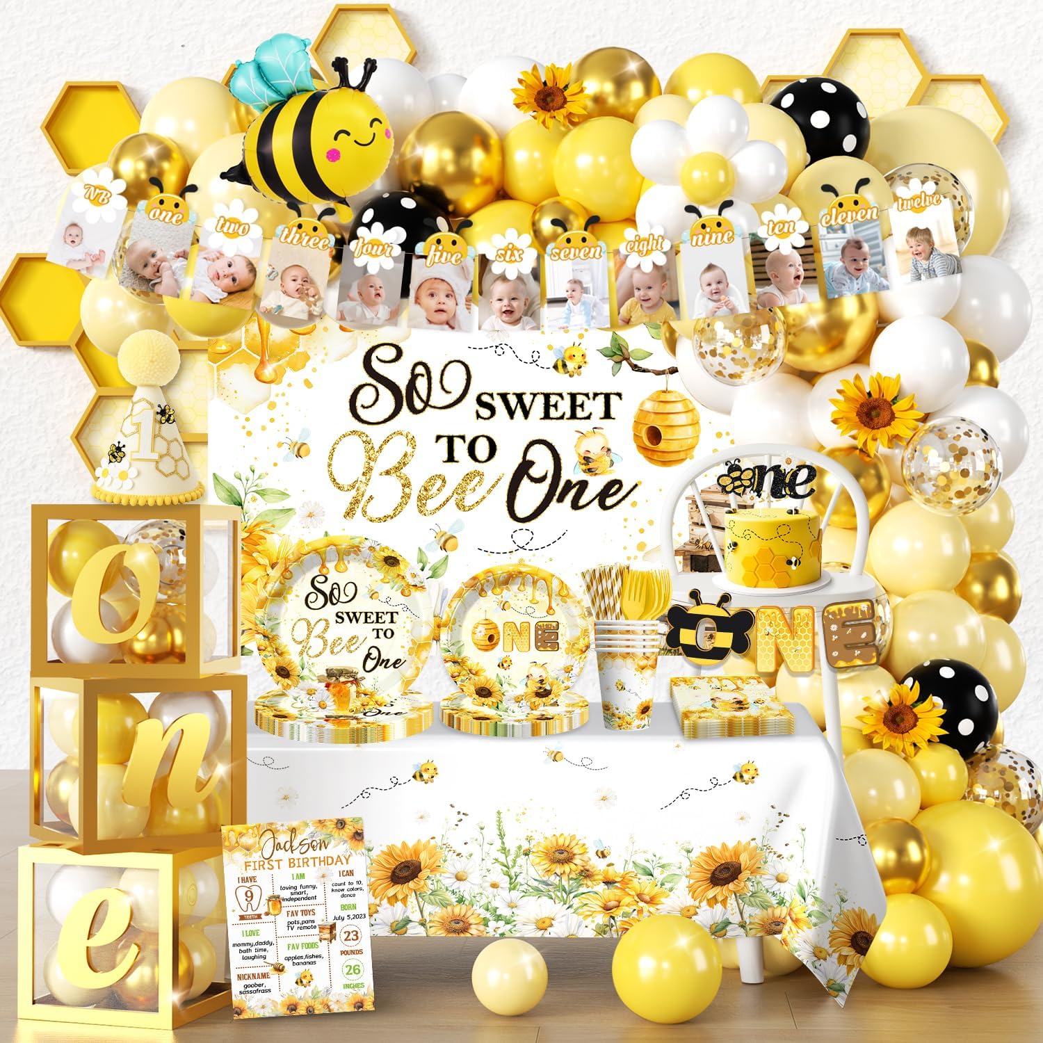 272 PCS First Bee Day Decorations Girl, All-in-One Bee 1st Birthday Party Decorations Set with Balloon Arch, Plates, Cups, Napkins, Tablecloth, Banner & Backdrop, Serves 25