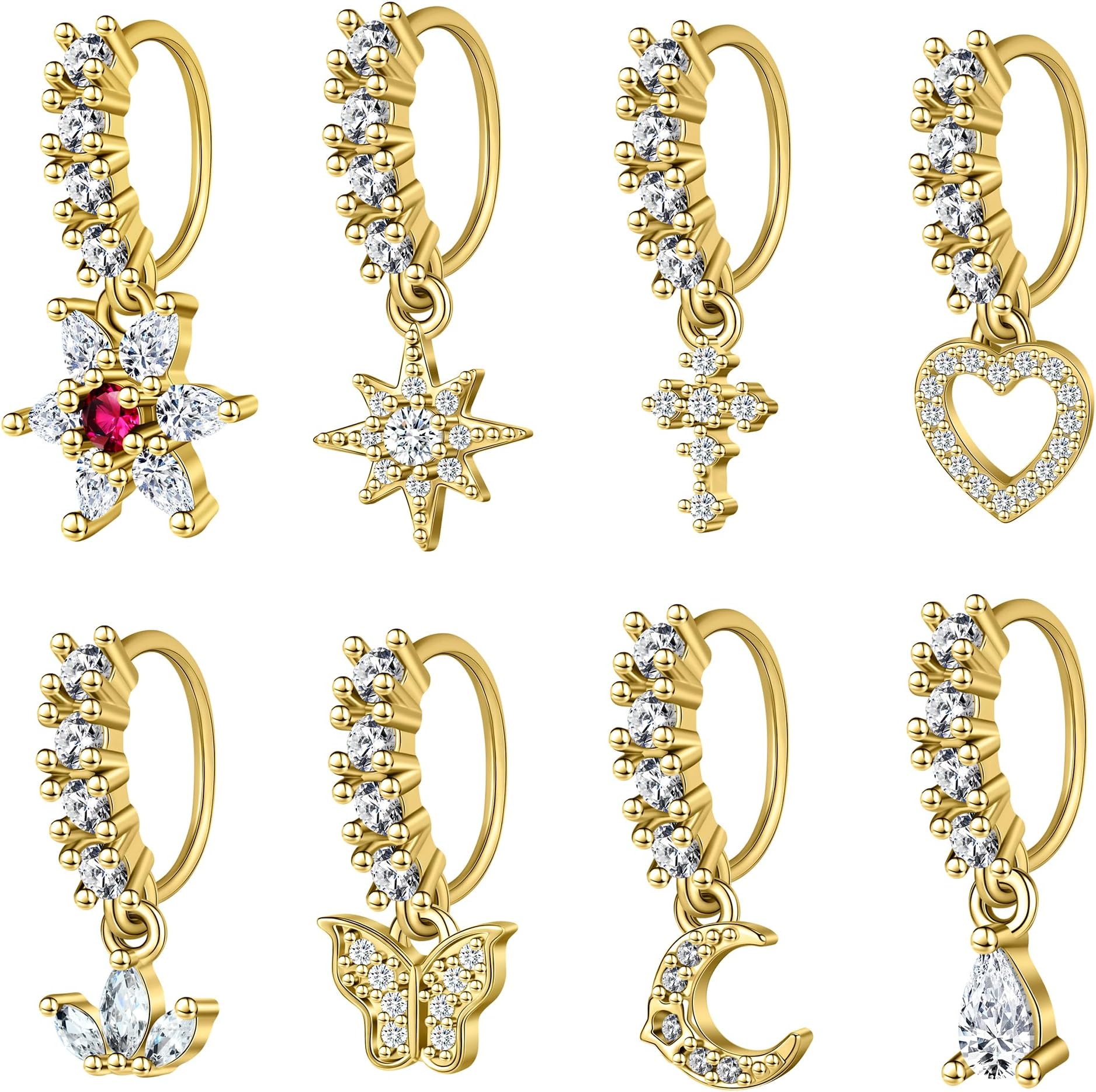 Dangle Nose Rings Hoop for Women Surgical Steel Septum Nose Piercing Jewelry Cartilage Earring CZ Flower Leaf Star Butterfly Daith Tragus Helix Lip Piercing, Silver Gold Rose Gold