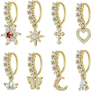 Dangle Nose Rings Hoop for Women Septum Nose Piercing Jewelry Cartilage Earring CZ Flower Leaf Star Butterfly Daith Tragus Helix Lip Piercing, Silver Gold Rose Gold