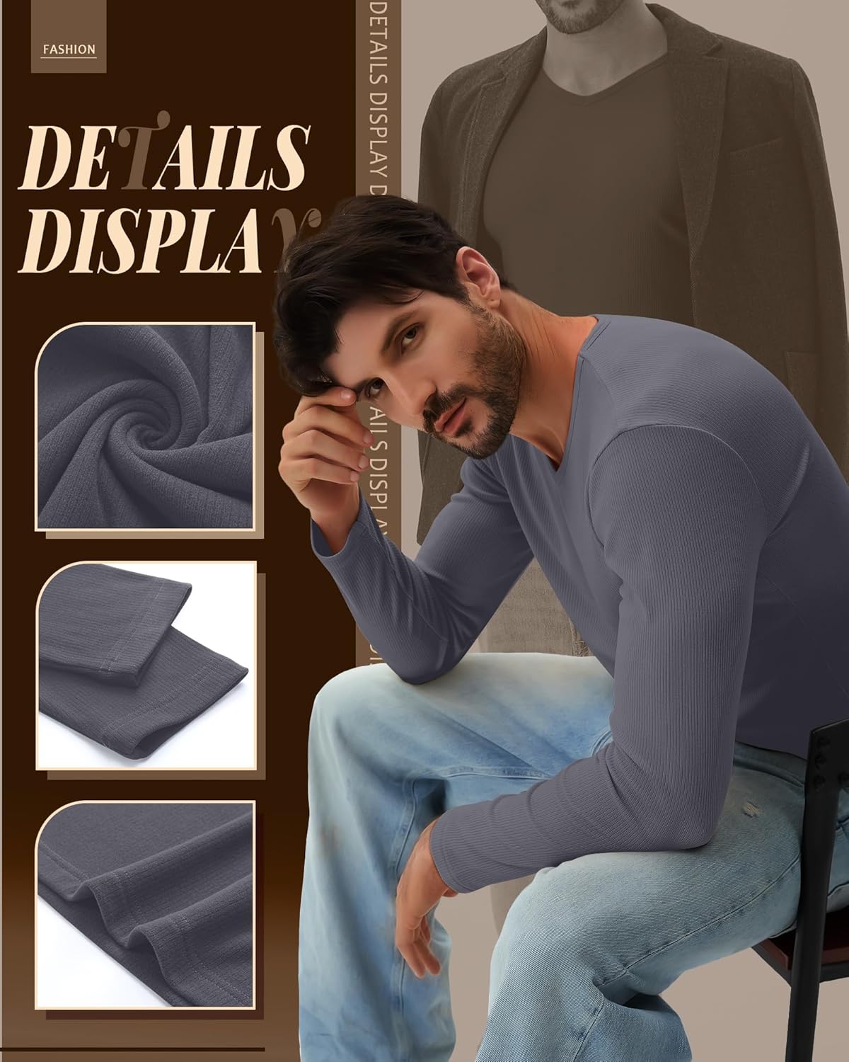 Neer 4 Pack Men's Thermal Cotton Long Sleeve Shirts Ribbed V Neck Tops Fall Winter Stretchy Slim Undershirt Base Layer - Image 5