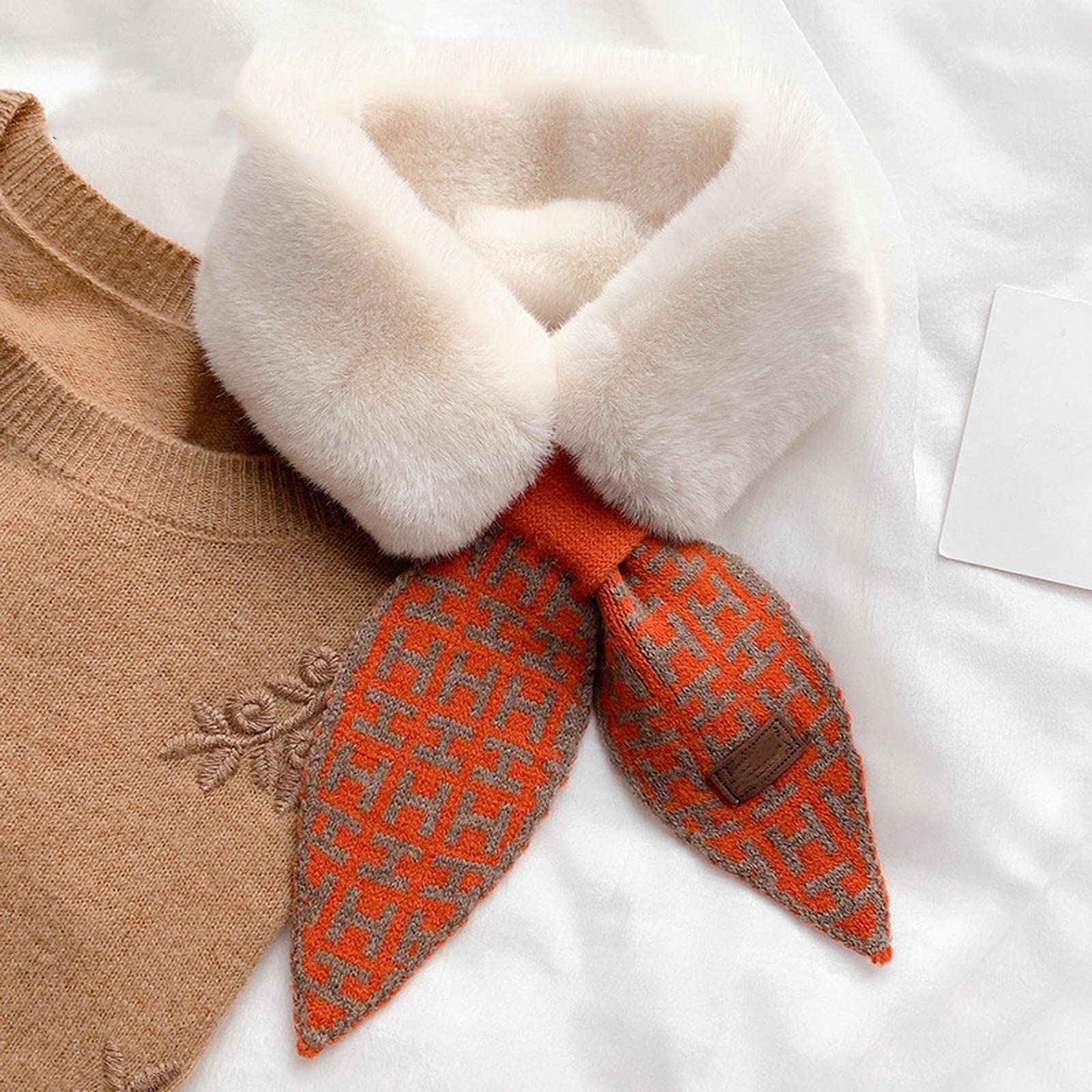 MOGSA Sciarpe da donna a forma di lettera lavorata a maglia sciarpa calda in pelliccia sintetica di coniglio collo sciarpe
