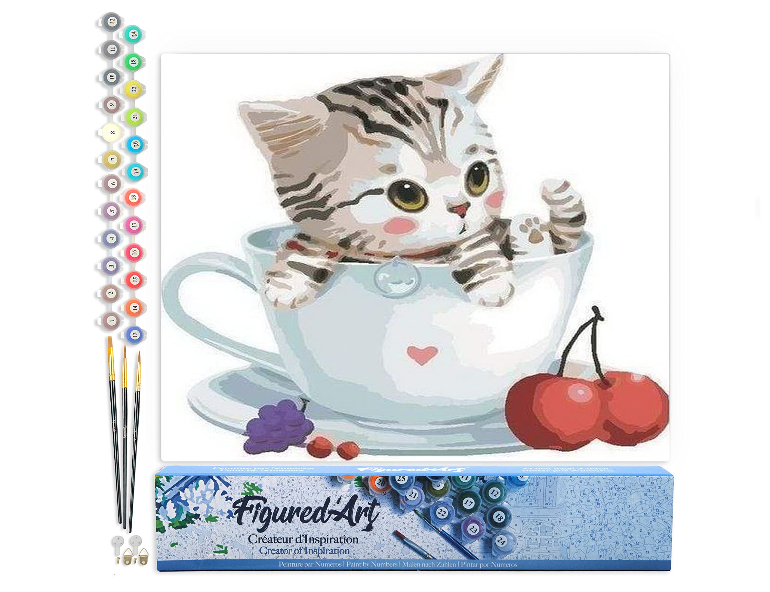 Figured'Art Paint by Numbers for Adults Cherry Cat 40x50cm - Craft Art Painting DIY Kit Rolled Canvas Without Frame โ image 1