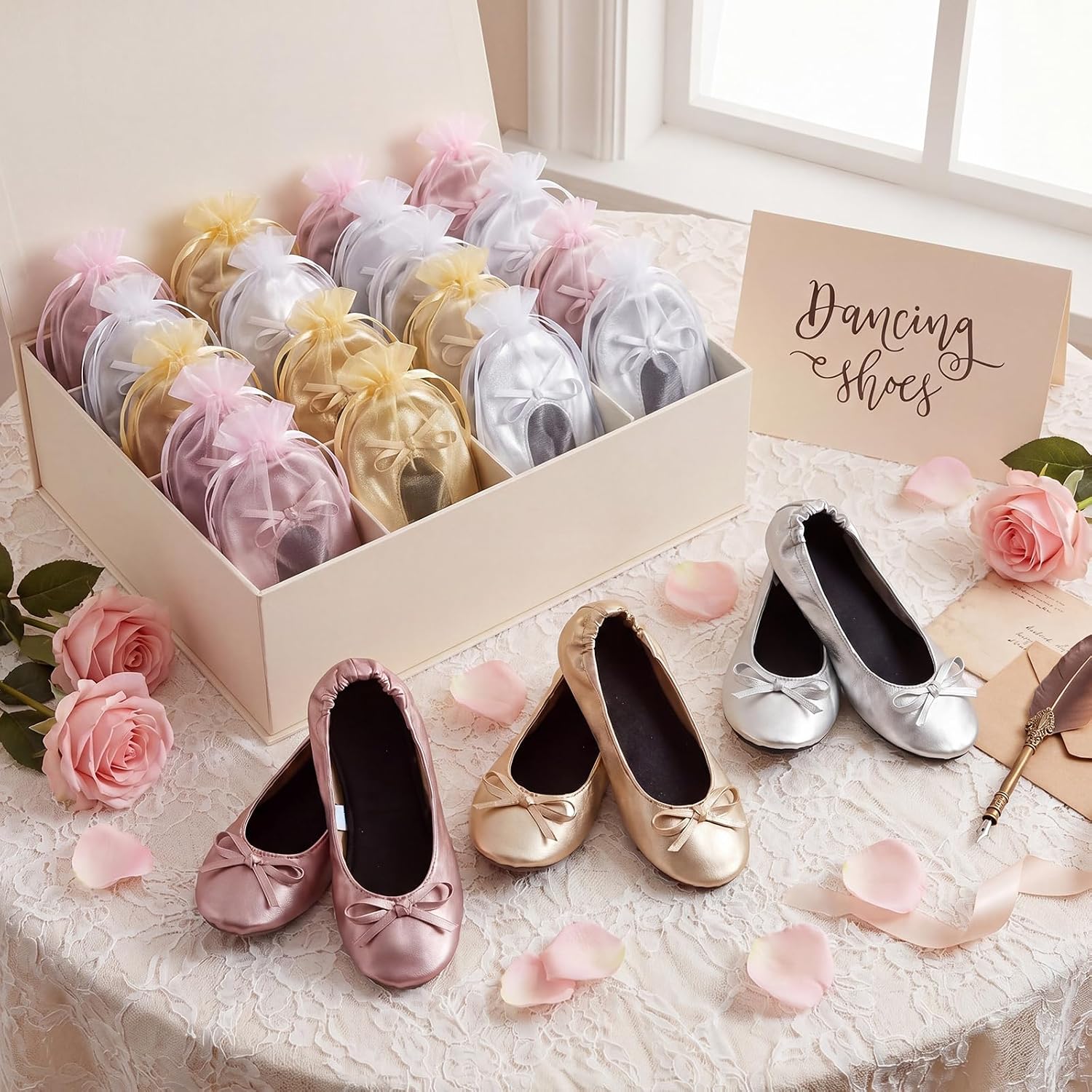 Twistover 60 Pairs Foldable Ballet Flats Bulk for Women, Portable Fold Up Weddings Slippers Shoes for Guests Parties Events