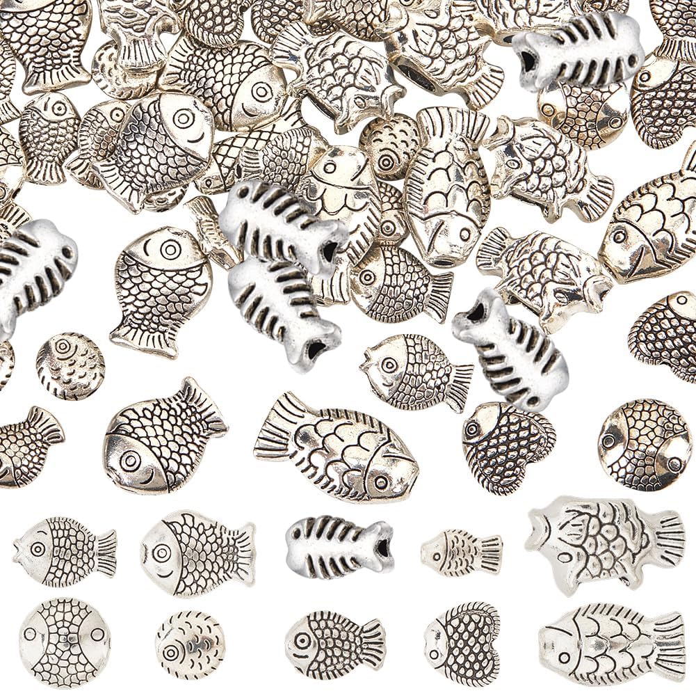 SUNNYCLUE 1 Box 100Pcs 10 Styles Silver Fish Beads Fishes Beads Metal Alloy Tibetan Antique Ocean Summer Animal Spacer Beads for Jewelry Making Supplies DIY Crafting Necklace Bracelet Anklets Adults