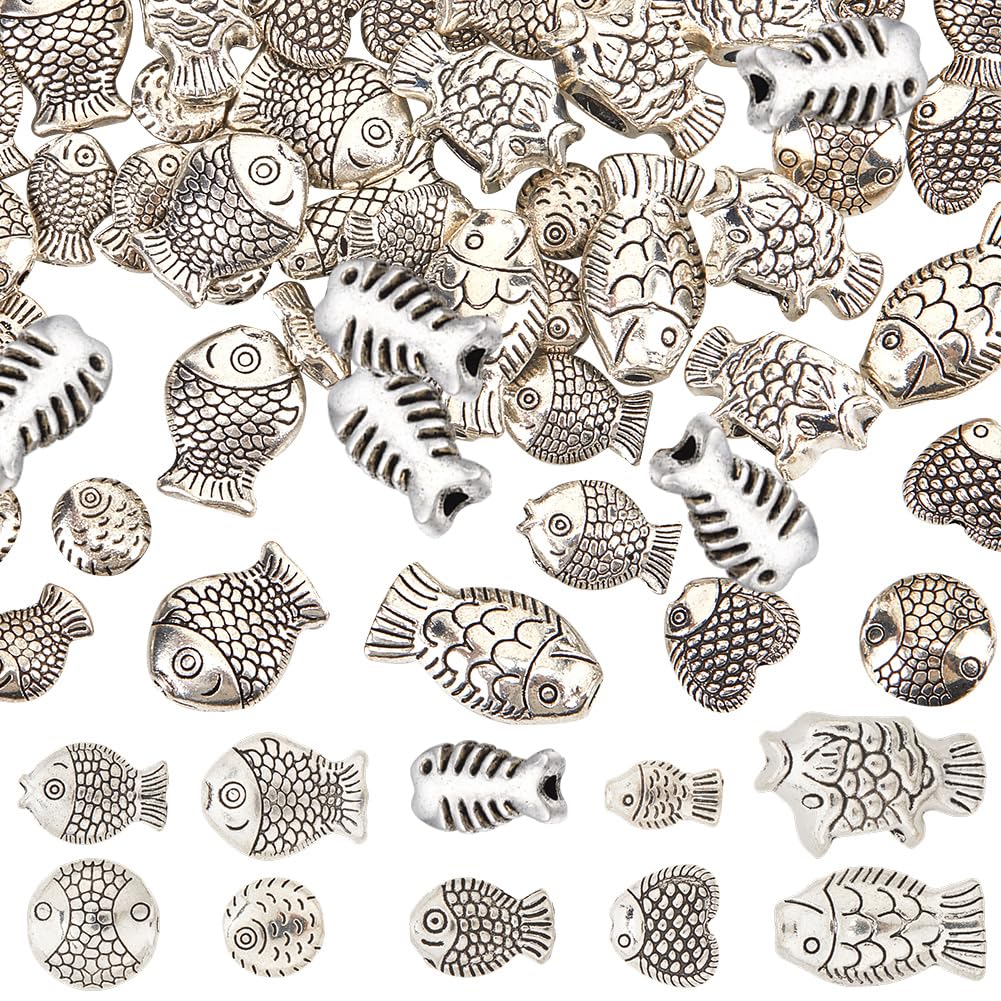 SUNNYCLUE 1 Box 100Pcs 10 Styles Silver Fish Beads Fishes Beads Metal Alloy Tibetan Antique Ocean Summer Animal Spacer Beads for Jewellery Making Supplies DIY Crafting Necklace Bracelet Anklets Adults