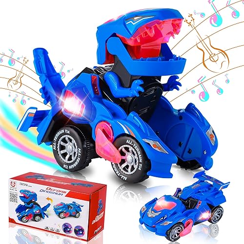 Hirger Juguete de Coche Dinosaurio Transformable para Niños, Juguetes de Camión Monstruo Auto Transformador con Luz y Sonido para Niños Pequeños de