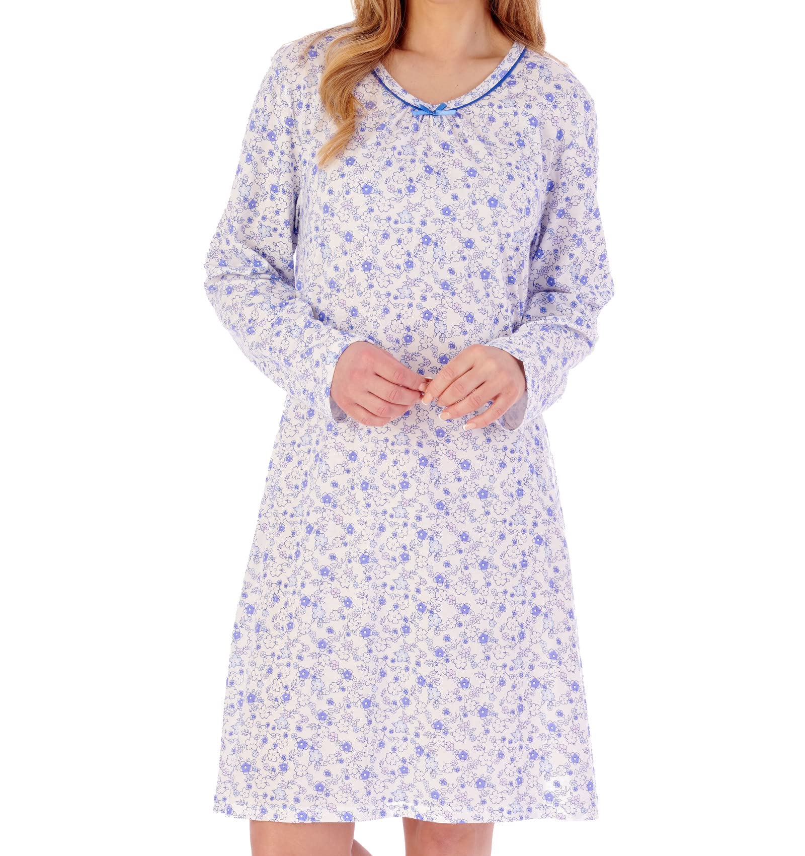 Slenderella Sketch Floral Long Sleeve Cotton 38 inch Nightdress (24/26, Blue)