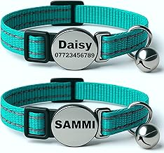 2-Pack Personalised Cat Collar with Name & Phone Number – Reflective, Adjustable, Breakaway Safety Buckle – Custom Kitten Collar Set for Boys & Girls,Turquoise