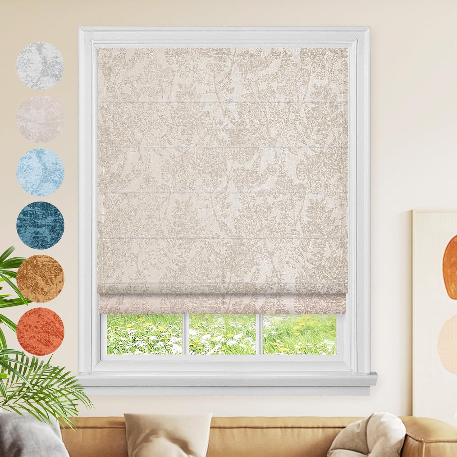 Cordless Window Roman Shades, Blackout Roman Shades Blinds, Beige Leaves Design Cotton Fabric Window Blinds for Windows, Doors, Kitchen Windows