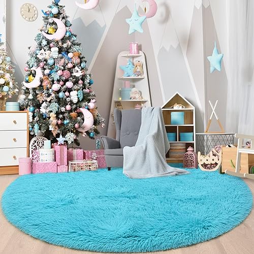 Miniatura 2 de Alfombra redonda azul para dormitorio de niñas, alfombra circular esponjosa de 4 x 4 pies para decoración de habitación de niños, alfombra circular