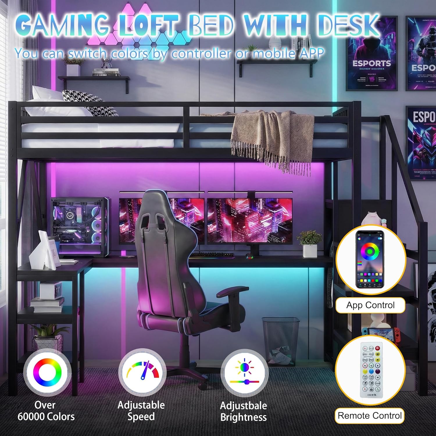 Full Size Loft Bed with Desk and Stairs,Metal Gaming Loft Bed Full with Wardrobe and Shelf, High Loft Bed with LED & USB Charging Station for Teens, Adults, Space Saving Design,Black