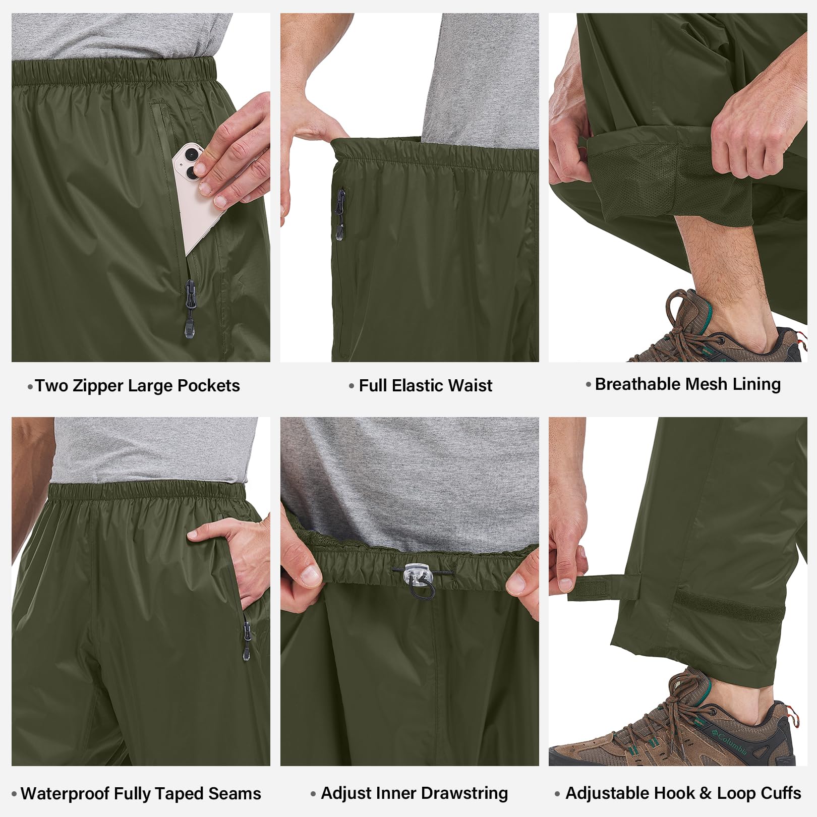 Pantaloni da pioggia da uomo, leggeri e impermeabili, antivento, per escursioni, campeggio, trekking, moto