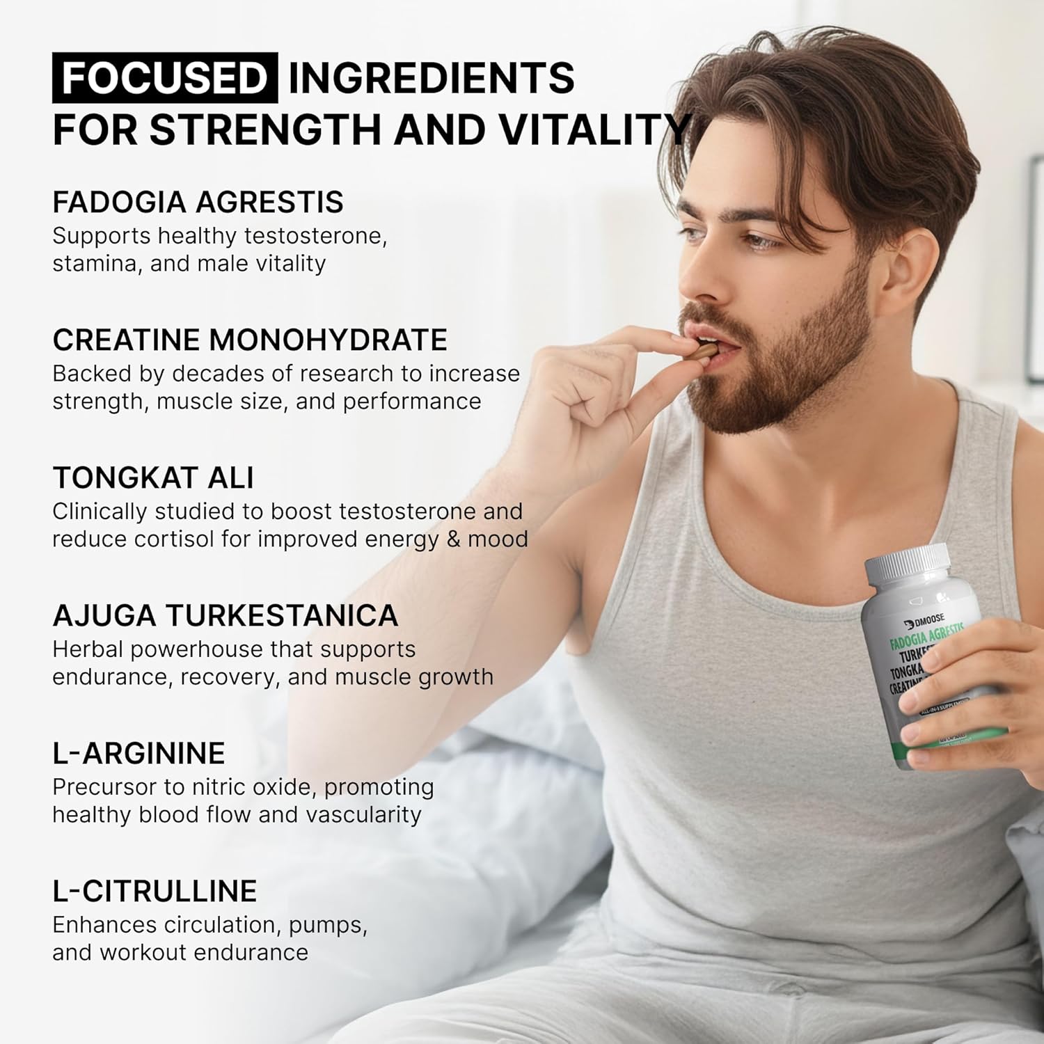 DMoose Fadogia Agrestis Supplement - All in One Formula for Testosterone, Strength, and Recovery - Non-GMO, Gluten-Free Supplement with Fadogia Agrestis, Tongkat Ali, Turkesterone and Creatine