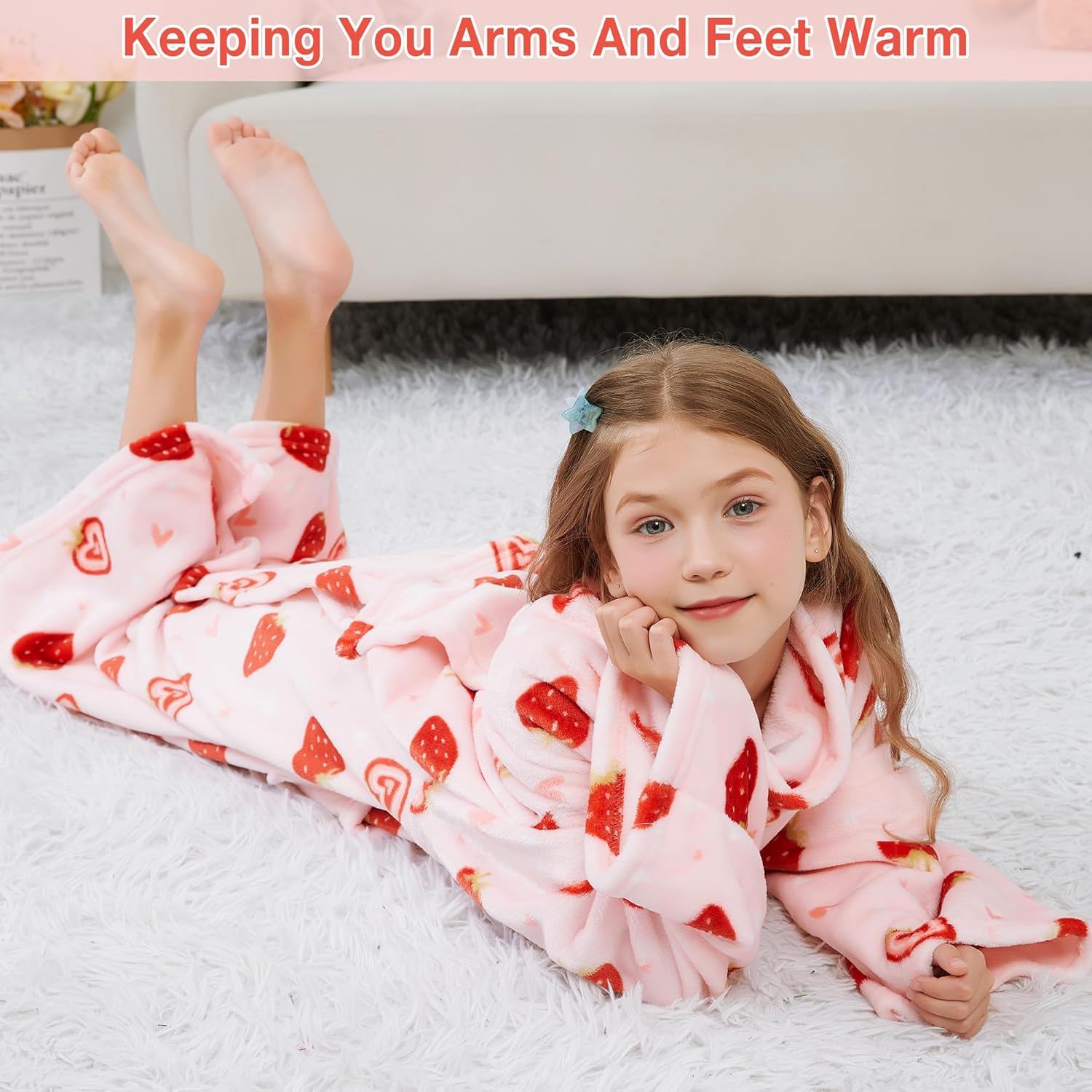 Viviland Wearable Fleece Blanket Hoodie, Blanket Hoodie for Kids with Sleeves & Foot Pocket, 47" X 47" Lightweight Soft Like Flannel, Pink Strawberry Pattern - Image 6
