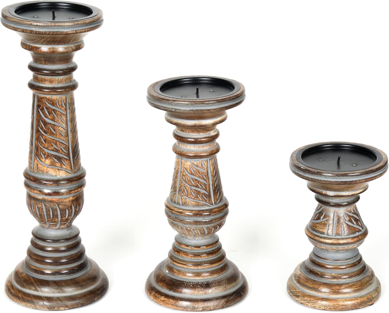 Candle Holders for Pillar Candles (Grey Wash, Set of 3) - Mangowood Candle Stand - Farmhouse Wooden Candle Holders Pillar Leaf Design - Candle Holder Decor for Table Centerpiece - 6”, 9”, 12”
