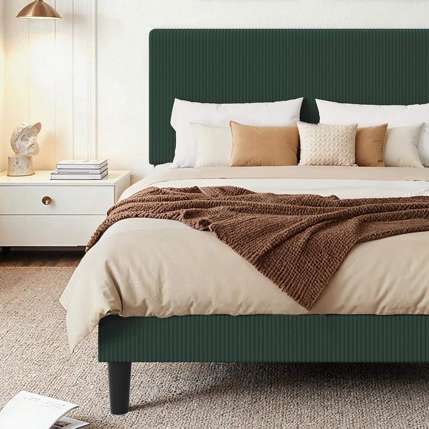 HOOMIC Queen Size Upholstered Bed Frame with Vertical Channel Tufted Headboard, Soft Corduroy Fabric Platform Bed, Strong Wooden Slats Support, No Box Spring Needed, Easy Assembly, Green Green Queen - Image 1 of 2