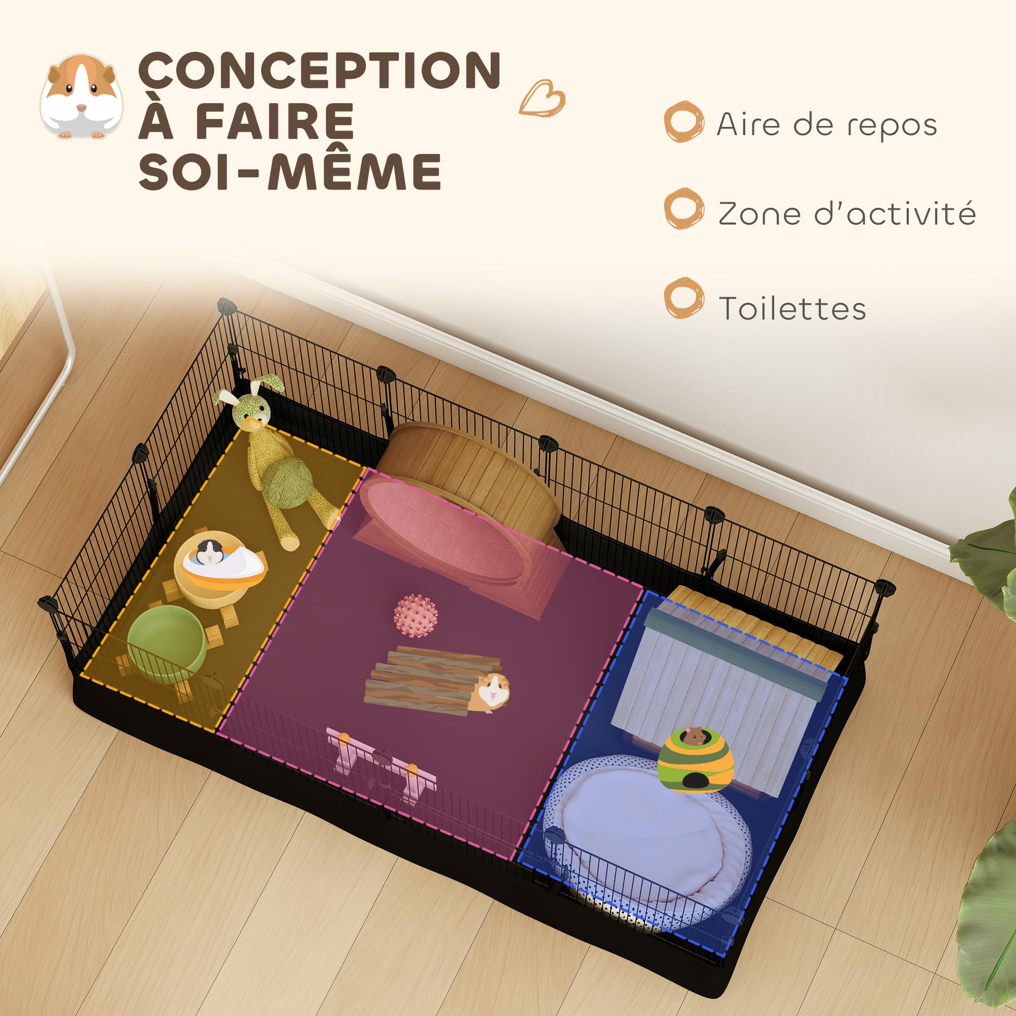 PawHut Enclos pour Petits Animaux, Cage à Lapin modulable, 12 Panneaux avec Tapis étanche, Parc clôture pour Animaux, intérieur et extérieur pour cochons d'Inde, Lapins, hérissons, en Acier, Noir