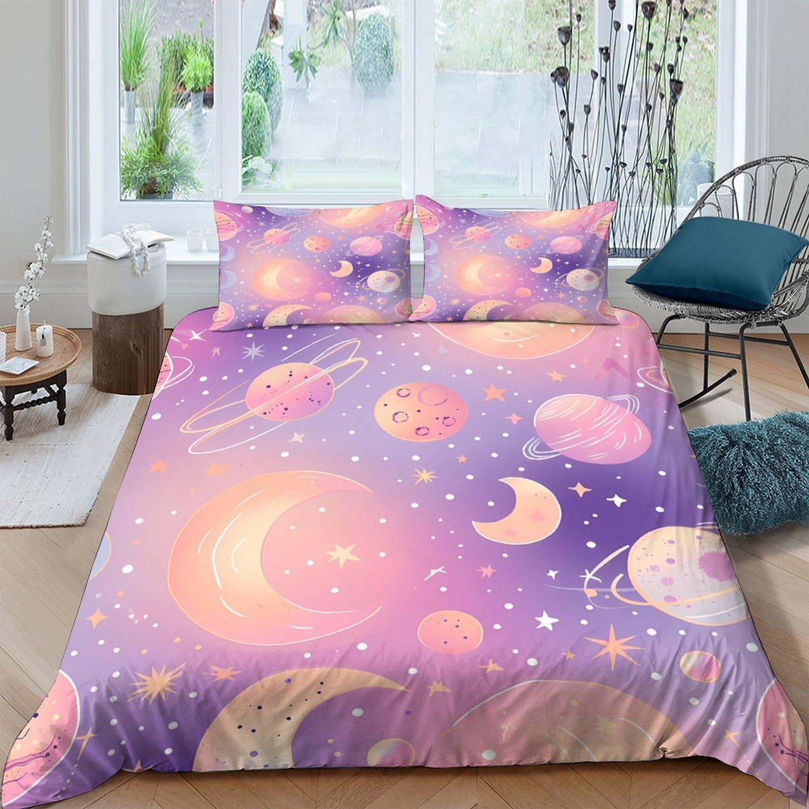 Couverture housse dessin cosmique 140x200 et taie d'oreiller planètes 3D
