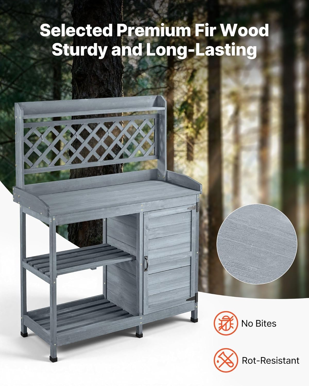 Raised Outdoor Potting Bench Table 43x18in Fir Wood Workstation with Storage Cabinet, Shelves & Hooks — Gray, for Patio Garden Backyard Balcony Use