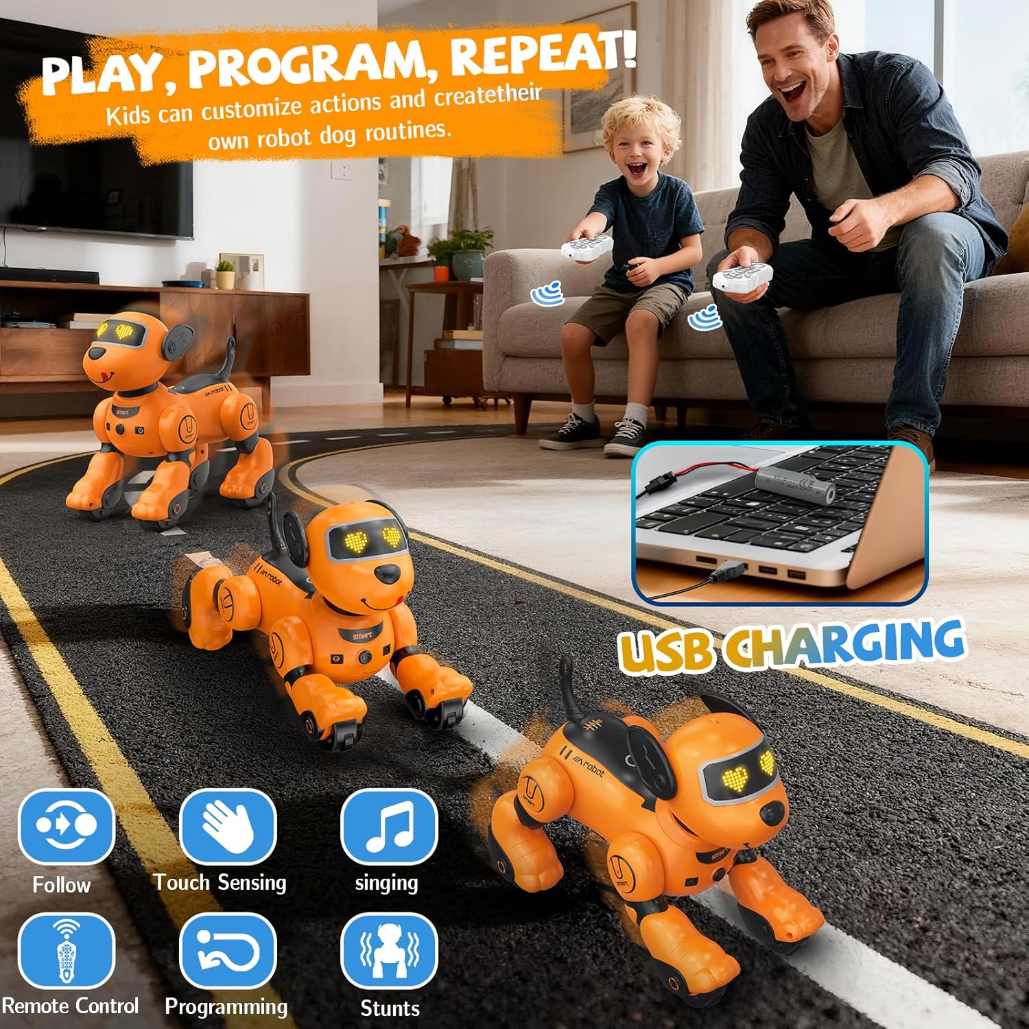 PRANITE Children's Remote Control Robot Dog, Programmable Toy Touch Interactive, Music Interactive Toy, with Follow Mode [Yellow]