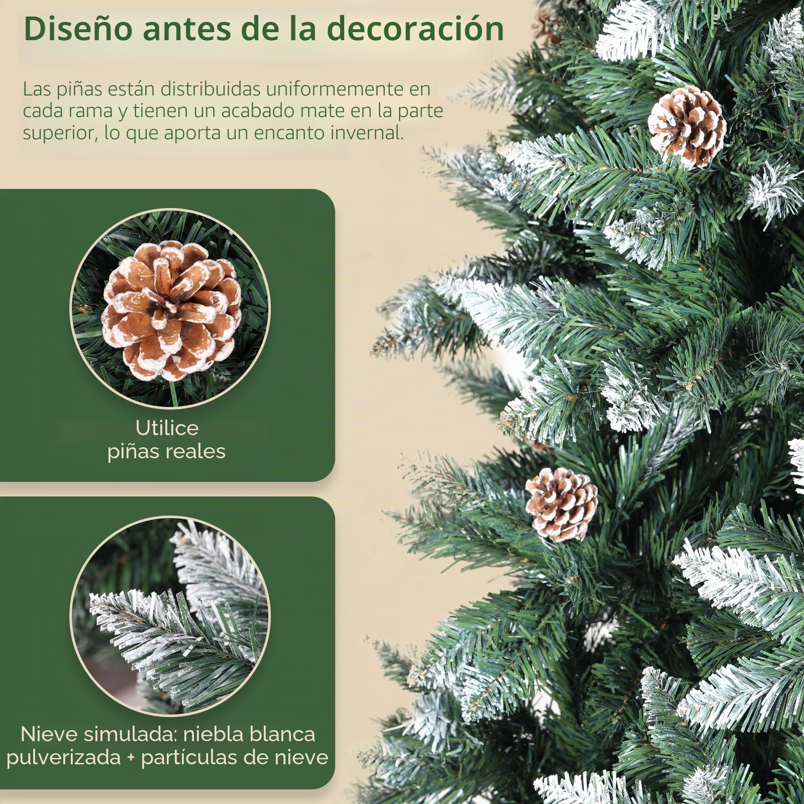 LIFERUN 180cm Árbol de Navidad Nevado, Abeto Nordmann Premium, Ramas Densas y Realistas, Arbol de Navidad Artificial con 32PCS Piñas, Soporte de Madera, 1092 Puntas de Rama, Fácil Montaje, Ignífugo