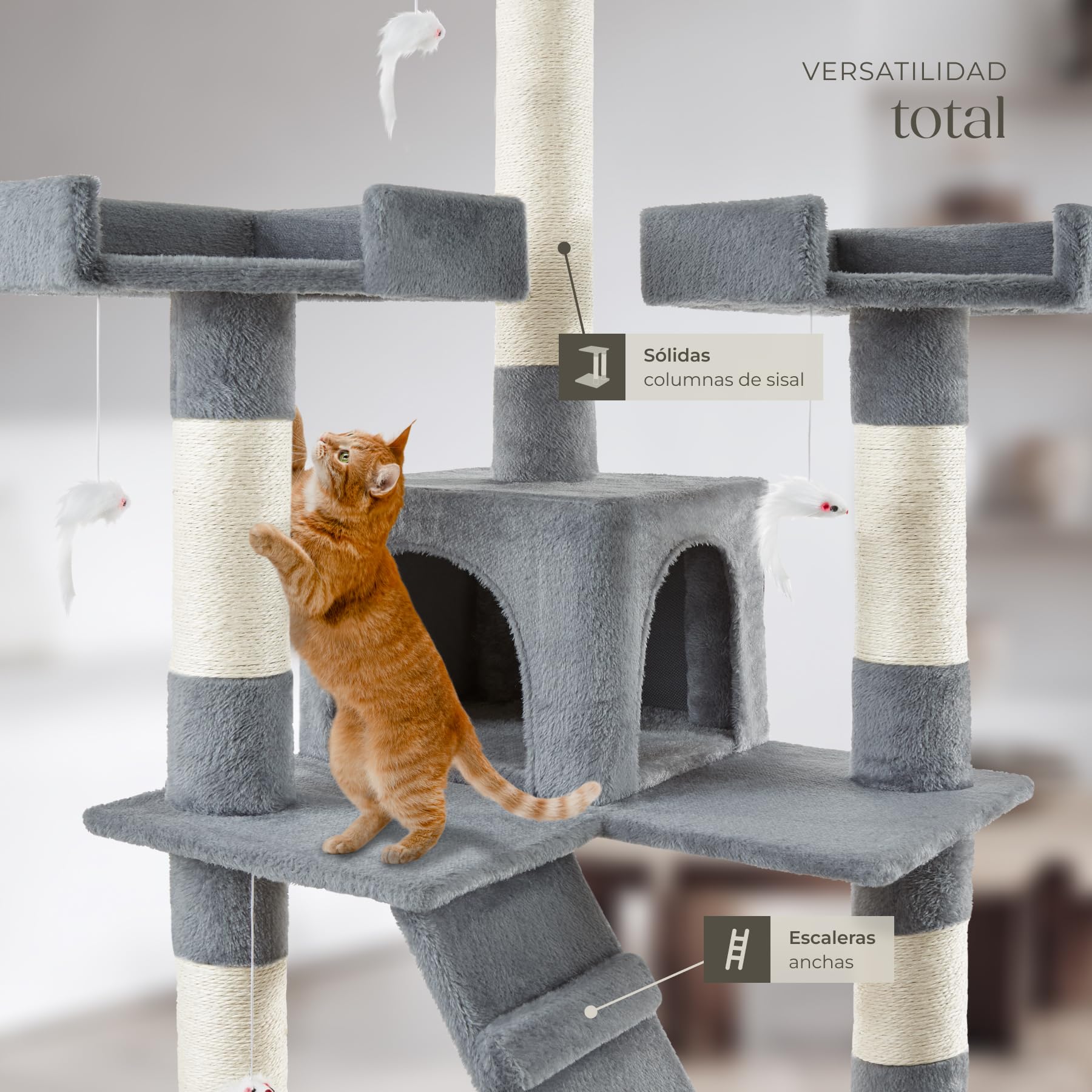 TecTake® Árbol para gatos Rascador para gatos de sisal H170 cm, Juegos para gatos Apartamento Accesorio Rascador Nido Cama Cesta Cama para gatos Juego de ratón Escalera