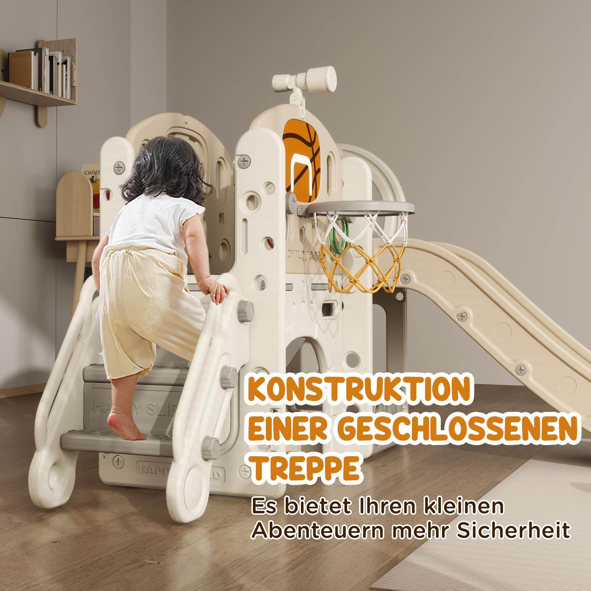 AIYAPLAY Kinderrutsche 7-in-1 mit Basketballkorb für Indoor & Outdoor | Kleinkinderrutsche Klettergerüst, Teleskop, Tunnel, Plattformgang, Aufbewahrungskorb, für 1 bis 6 Jahre Kinder
