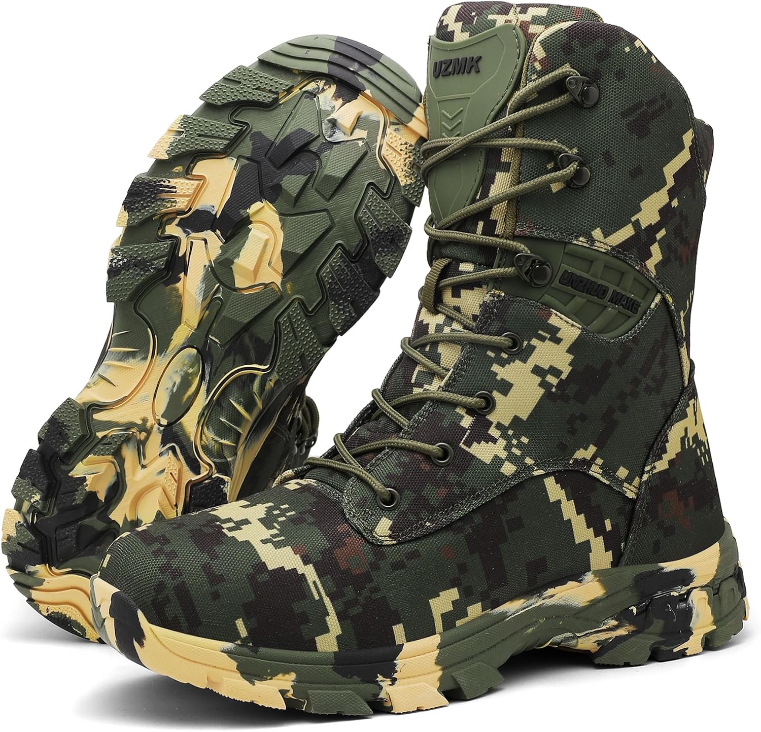 military style hiking boots, digital camouflage tactical combat boots, high top camping hiking lace up work shoes