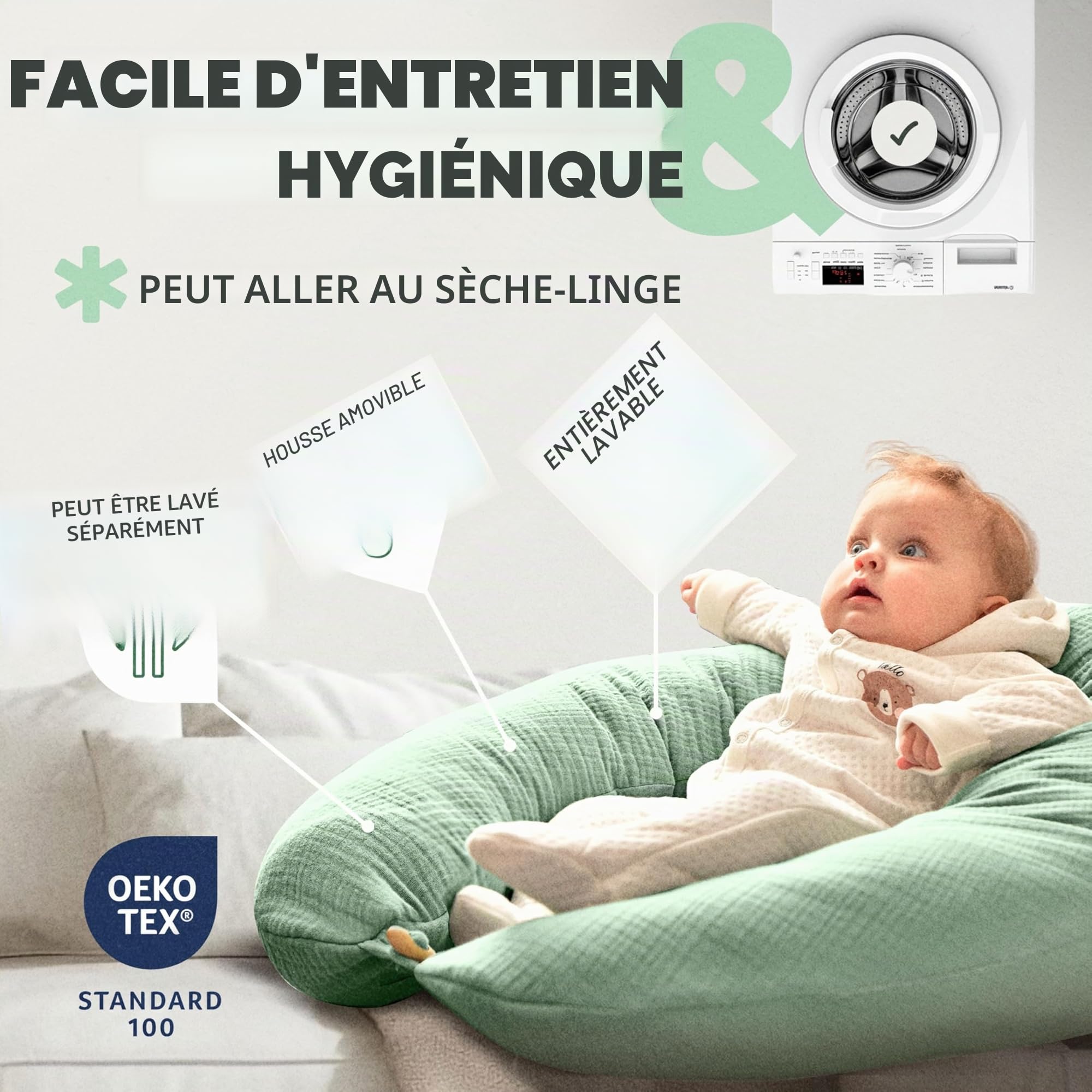 Sei Design Coussin de Grossesse XXL 190x30 avec Housse en Mousseline Ergonomique – Coussin de Maternité, Coussin d'allaitement Confort pour Femme Enceinte, 100% Coton Bio