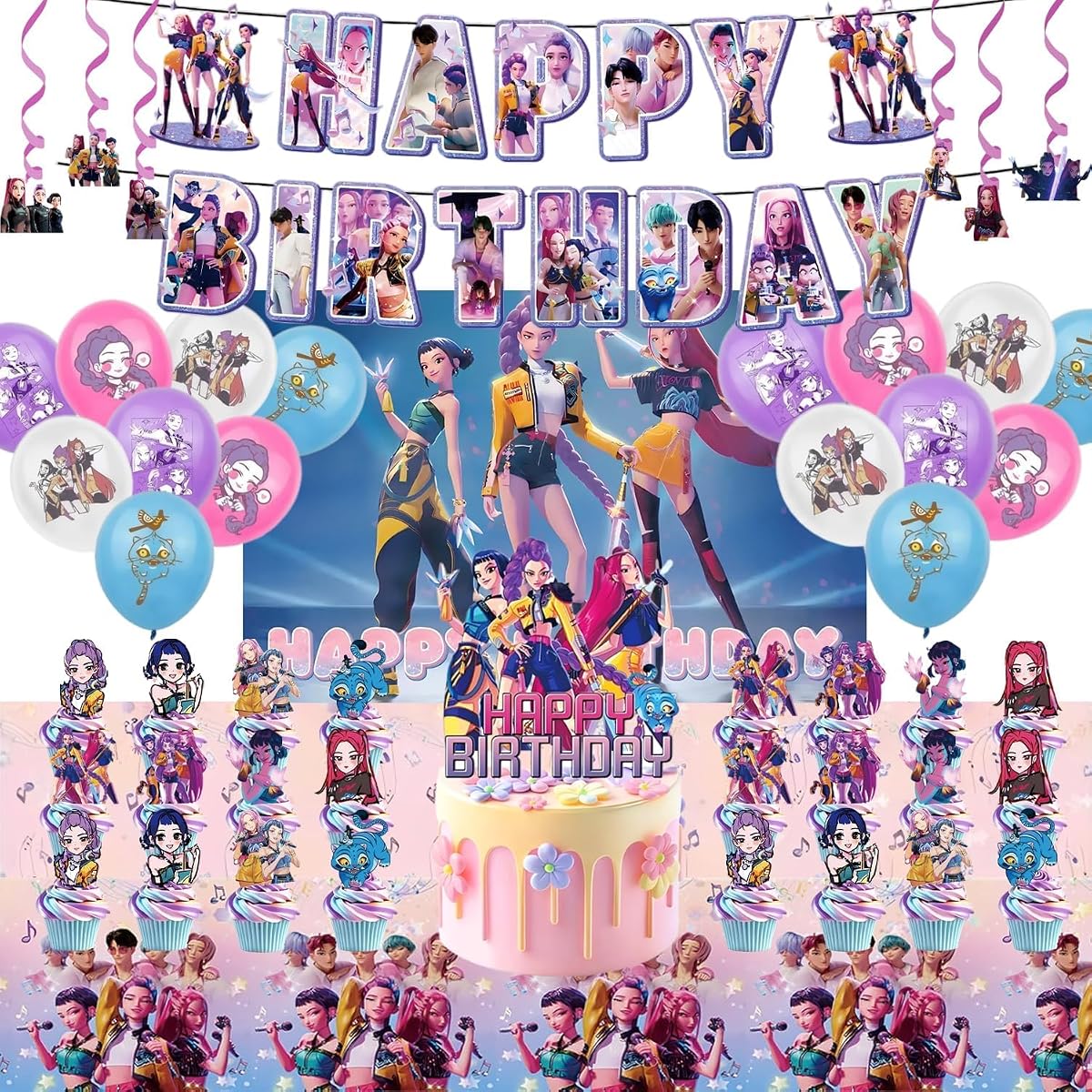 50pcs Kpop Style Birthday Decorations Set – Music Fantasy Party Decorations with Banner, 16 Balloons, 6 Hanging Swirls, 1 Cake & 24 Cupcake Toppers