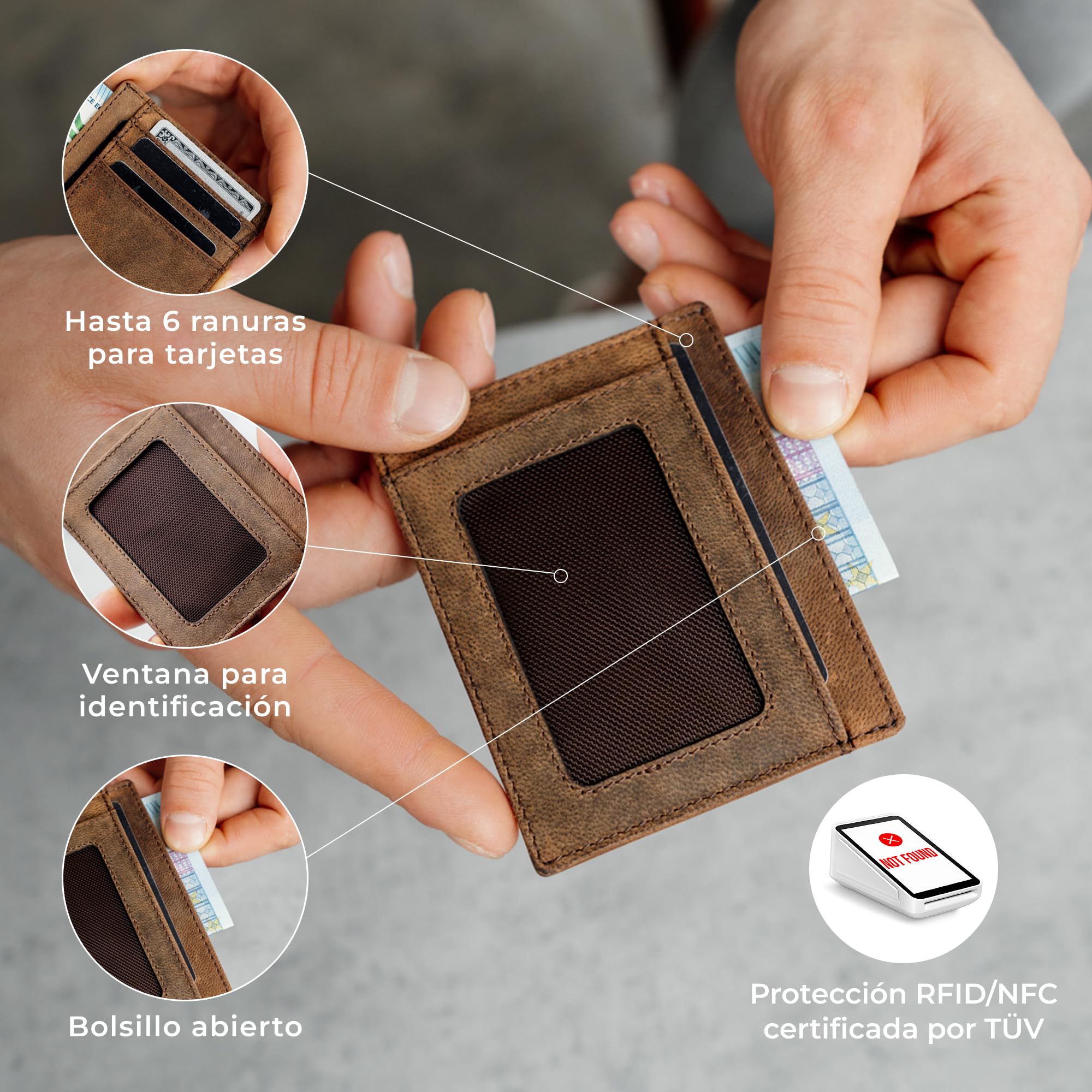 Berliner Bags Karl Tarjetero de Piel Vintage Hombre con RFID y Ventana DNI | Marrón Billetera De Cuero Slim Más De 6 Tarjetas Bolsillo Oculto Con Protección Nfc Estilo Único Elegante Práctico Y Fino