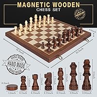Vista 5 de 2 in 1 Magnetic Chess Set & Checkers Board Game, 15" Wooden Folding Chess Board with 2 Extra Queens, Portable Travel Chess Set with Pieces Storage