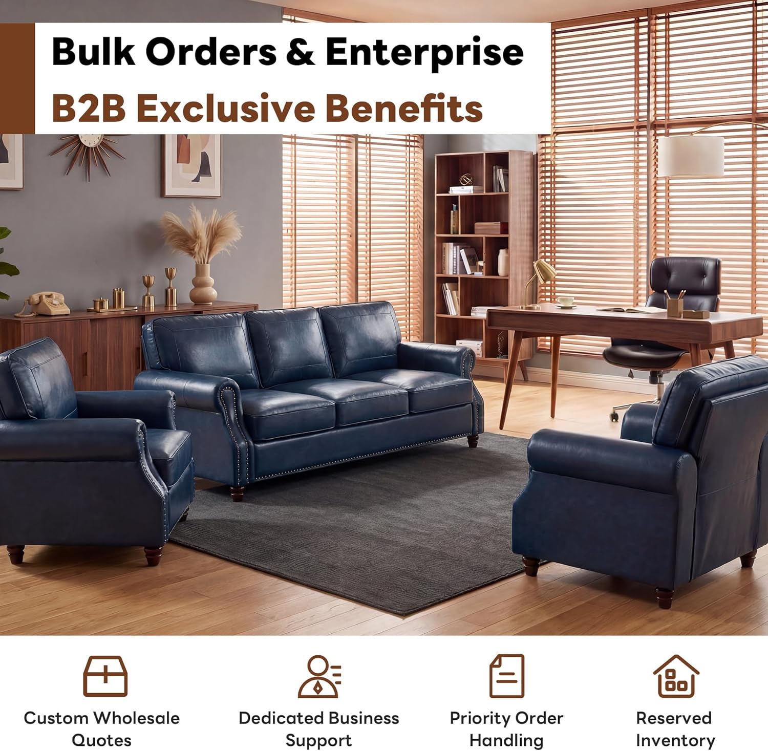 WILLOVE 3 Seater Sofa with Chair, Mid-Century Modern Faux Leather Couch Set for Living Room, Darkbrown with Rolled Arms & Nailhead Trim, Easy Assembly, Blue