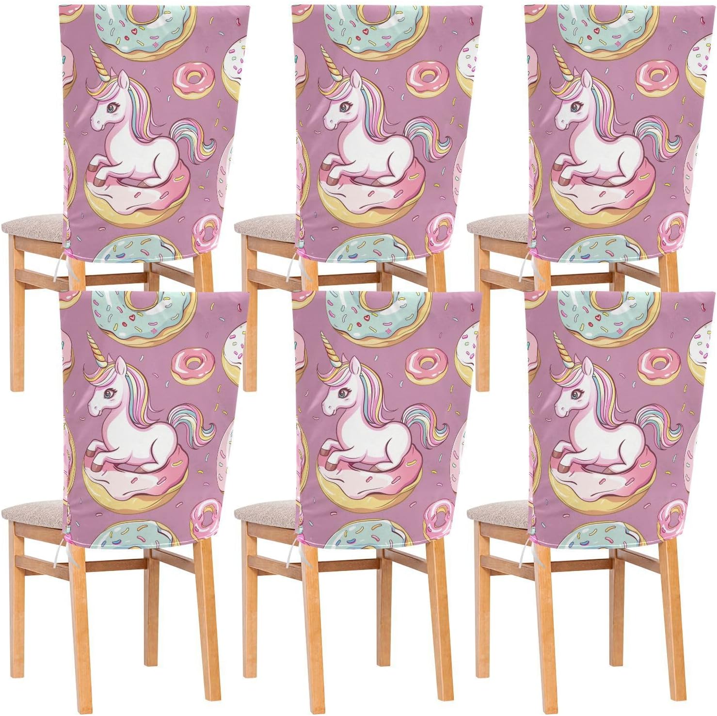 ALAZA Donuts Cute Unicorn Chair Back Cover Set of 6, Washable Reusable Removable Chair Slipcovers Decorative Chair Cover for Home Kitchen Wedding Party