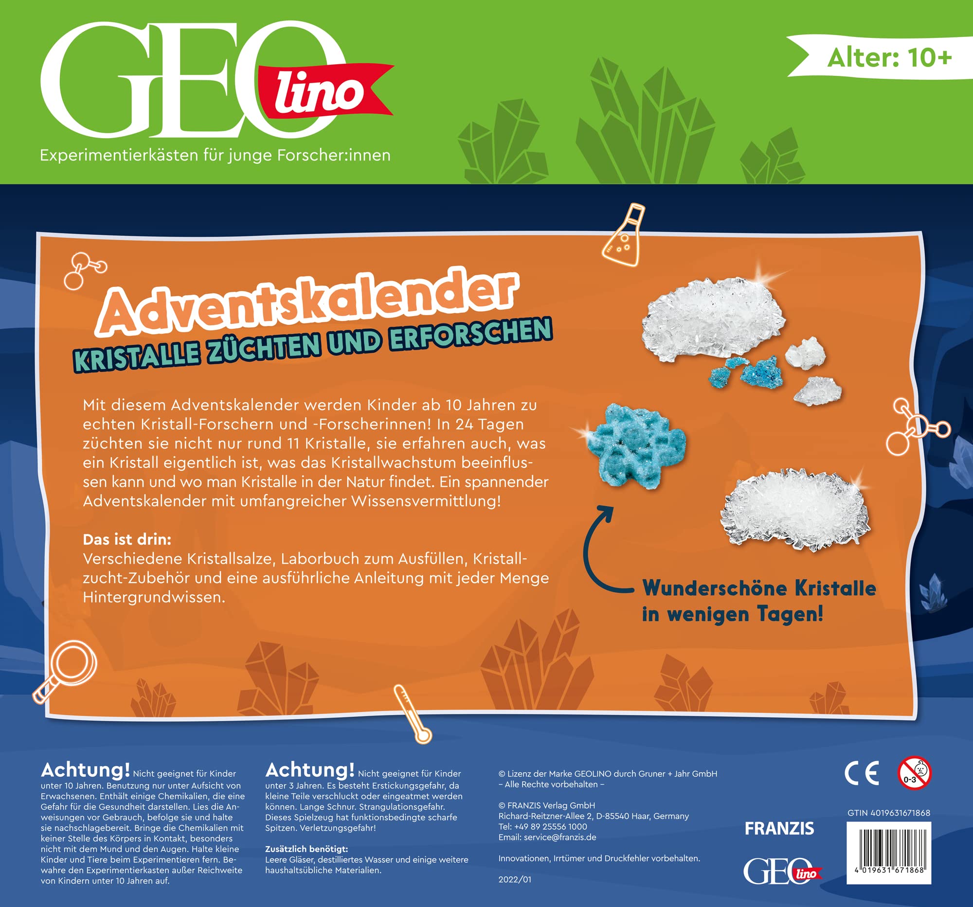 FRANZIS 67186 - GEOlino Adventskalender Kristalle züchten und erforschen, fertige Kristalle in 24 Tagen, zum Experimentieren, Erforschen und Entdecken, für Kinder ab 10 Jahren
