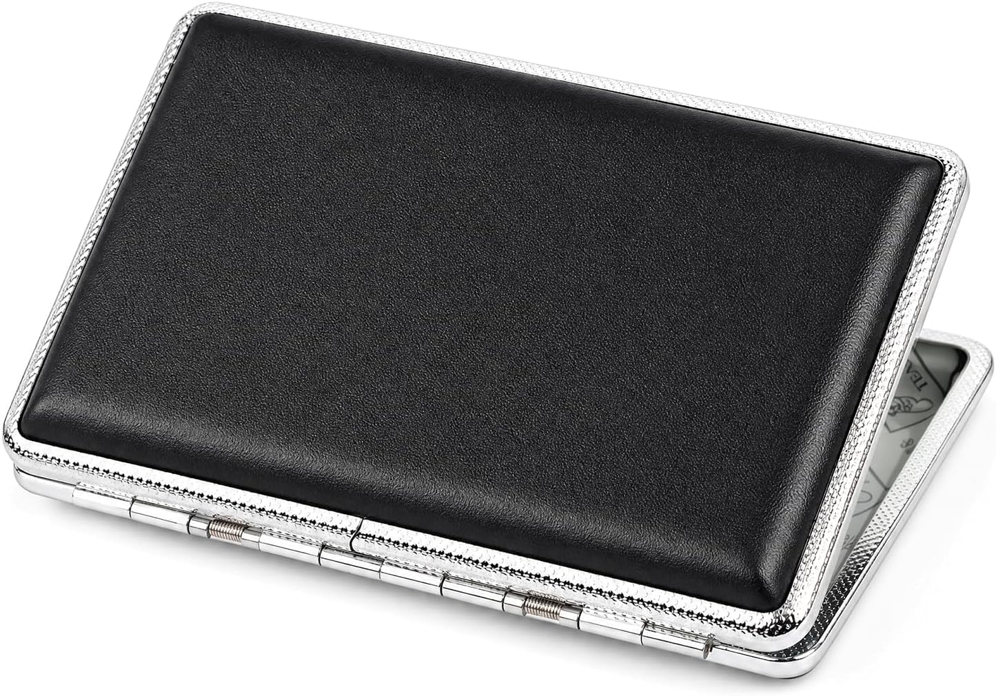 New Plain Black Leather Metal Cigarette Case Holds 14 Cigarettes for 100's Cigarettes