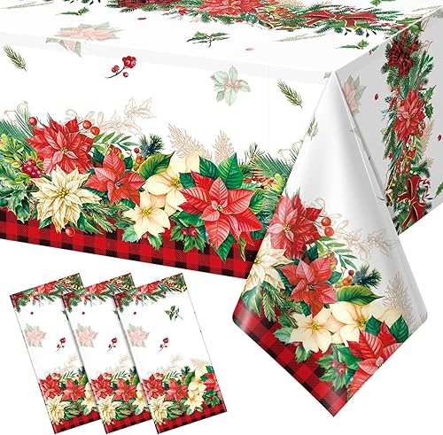 3 manteles de plástico con diseño de flor de pascua navideña, para decoración de fiesta, a cuadros desechables con bordes tradicionales, para mesas