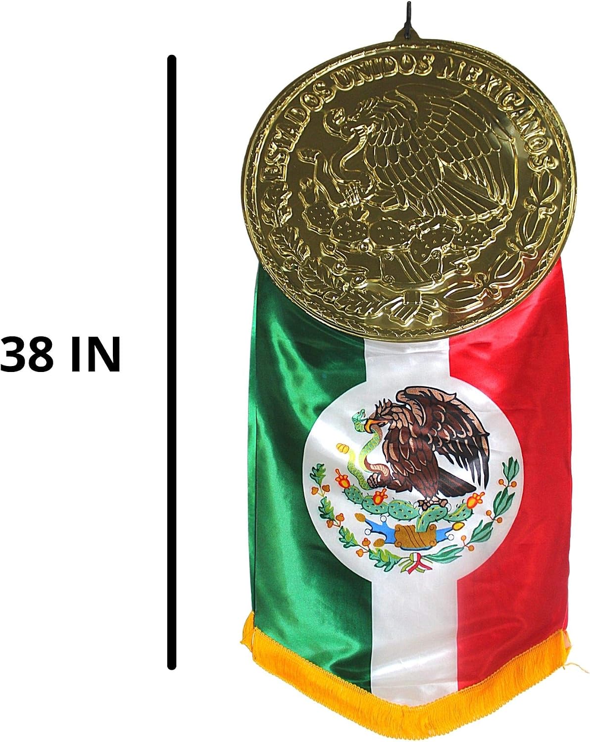 Extra Large Hanging Fringed Mexcio Flag with Gold Tone Estados Unidos Mexicanos Plaque, Fiesta Party Supplies and Decorations, 38 Inches, Set of 2