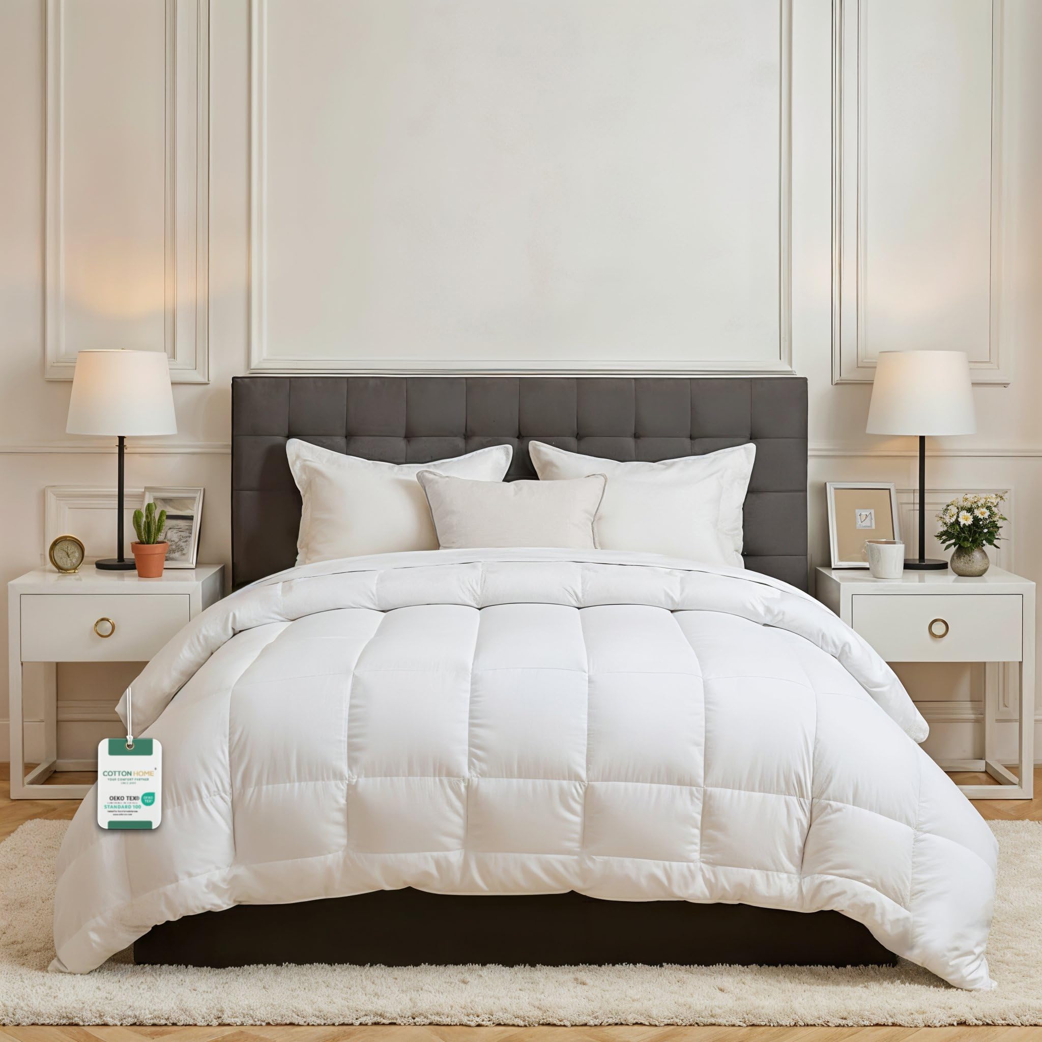Cotton Home Premium Hotel Bedding Comforter Duvet Insert White Microfiber All Seasonal Comfortable Durable Machine Wash Quilted Comforter/Duvet with Corner Tabs Box Stitched Quilting Duvet (160x220cm)