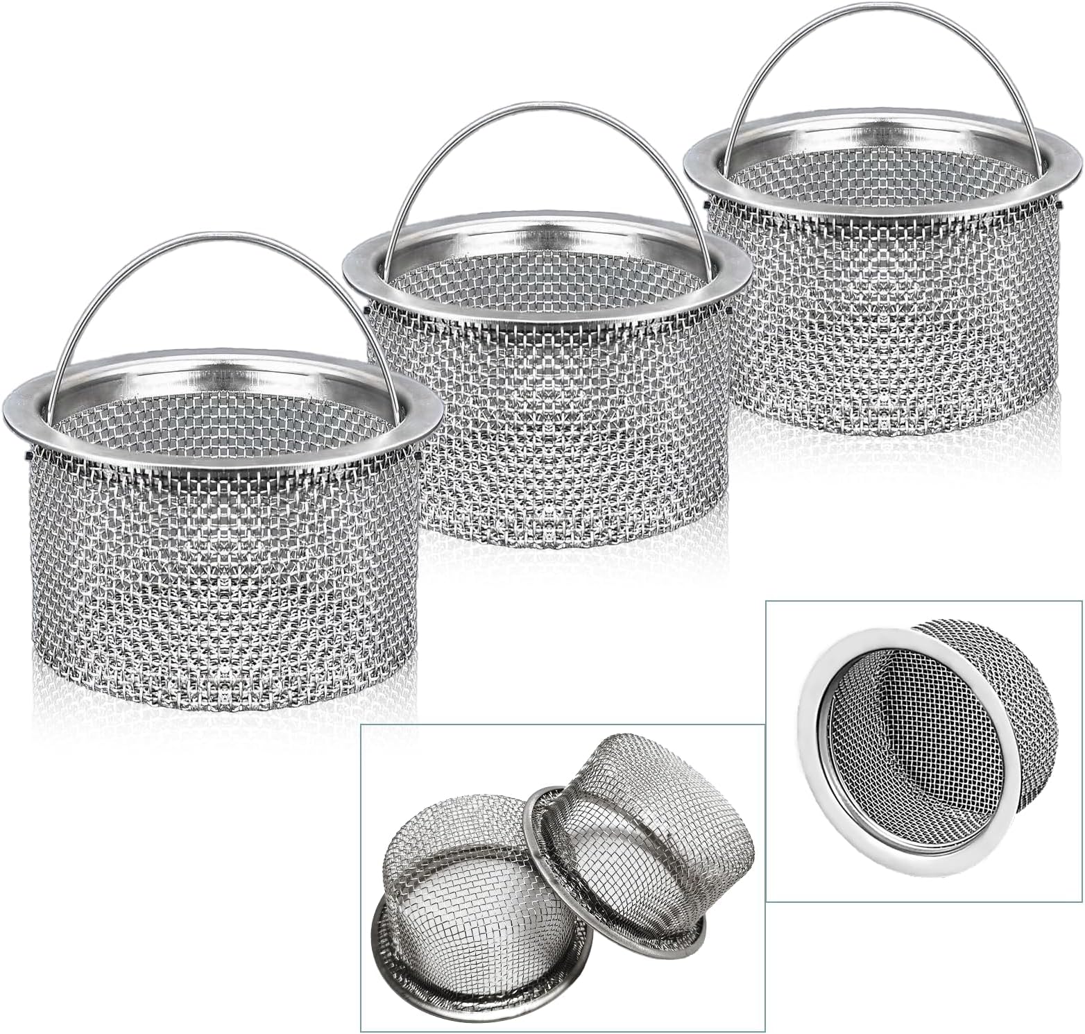 NALACAL 3-Pack Kitchen Sink Drain Strainer, Stainless Steel Fine Mesh Food Catcher with Handle, 3-Inch Sink Strainer for Kitchen and Bathroom, Dishwasher Safe