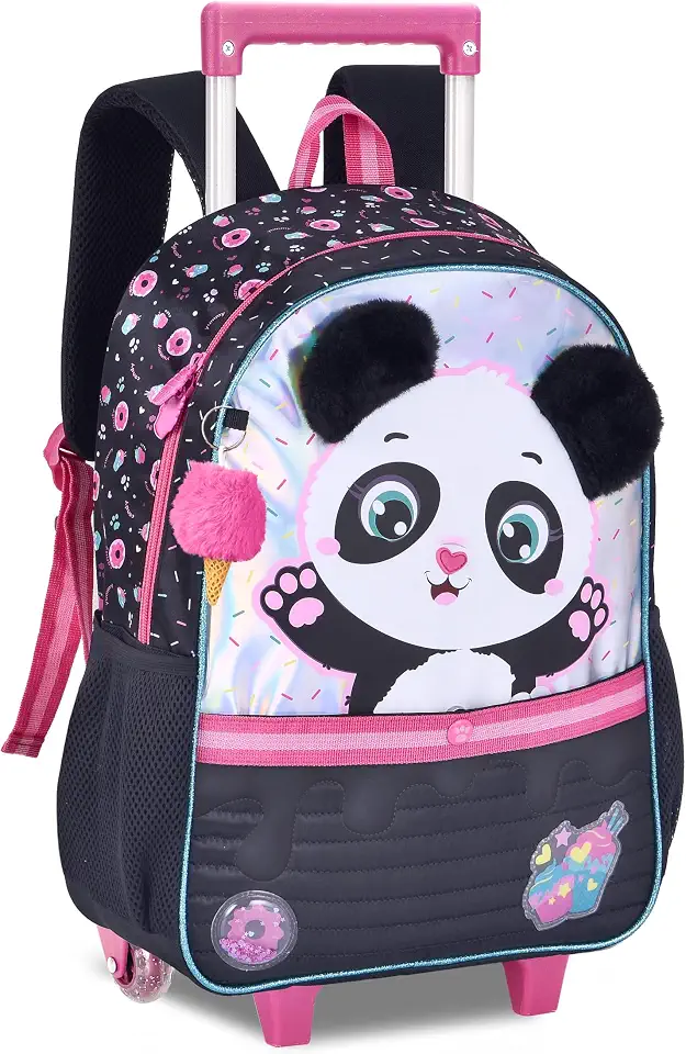 Mochila de Rodinha Panda Clio com Pompom Espaçosa | Com Alças de Mochila, Estampa Infantil, Rodinhas Resistentes, Compartimento Amplo, Para Meninas