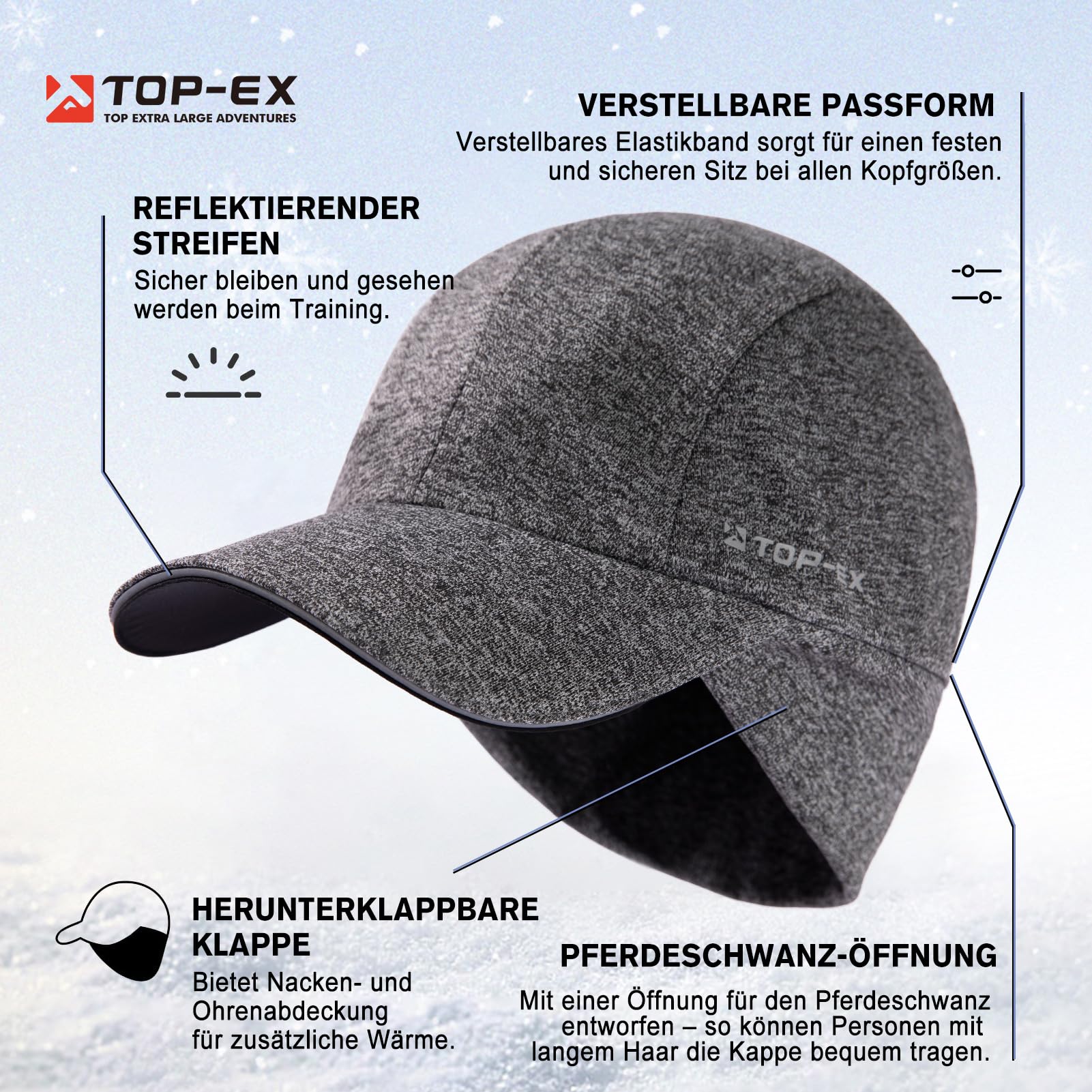 TOP-EX M/L/XL wodoszczelna czapka damska zimowa z klapkami na uszy, koński ogon, ciepła czapka z polarową podszewką, damska czapka zimowa, odblaskowa