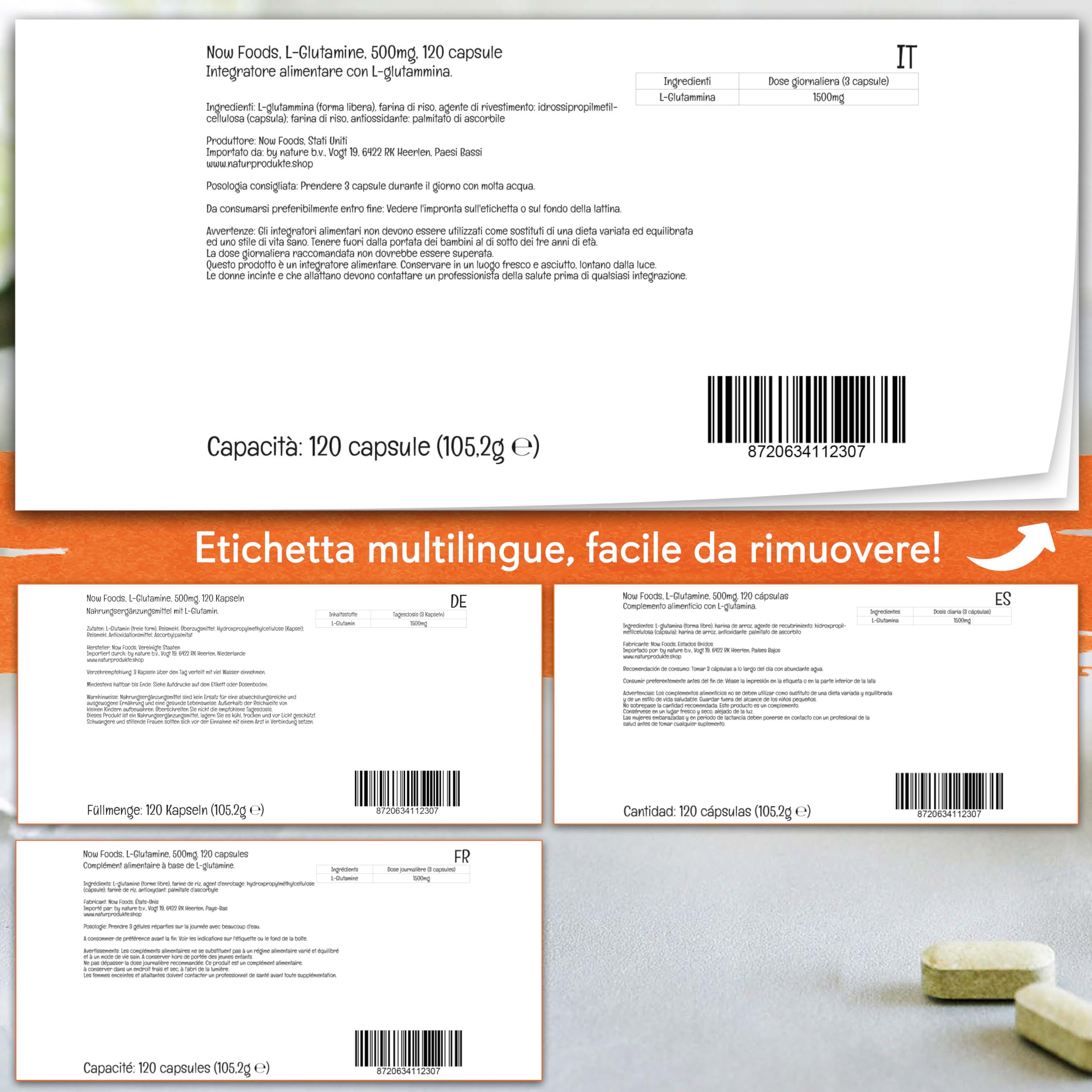 Now Foods, L-Glutamine (L-Glutammina), 500 mg, 120 Capsule vegan, Testato in Laboratorio, Aminoacido, Senza Glutine, Senza Soia, Vegetariano