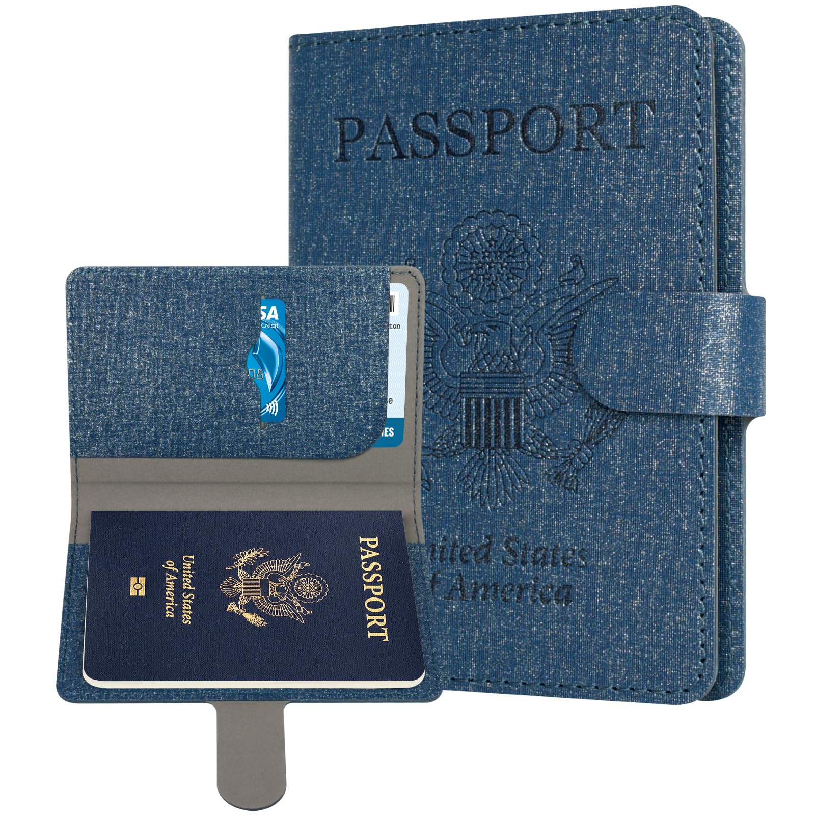 Caweet Passport Holder Cover Case Wallet, Cute Leather Travel Accessories for Women and Men, Fabric Blue