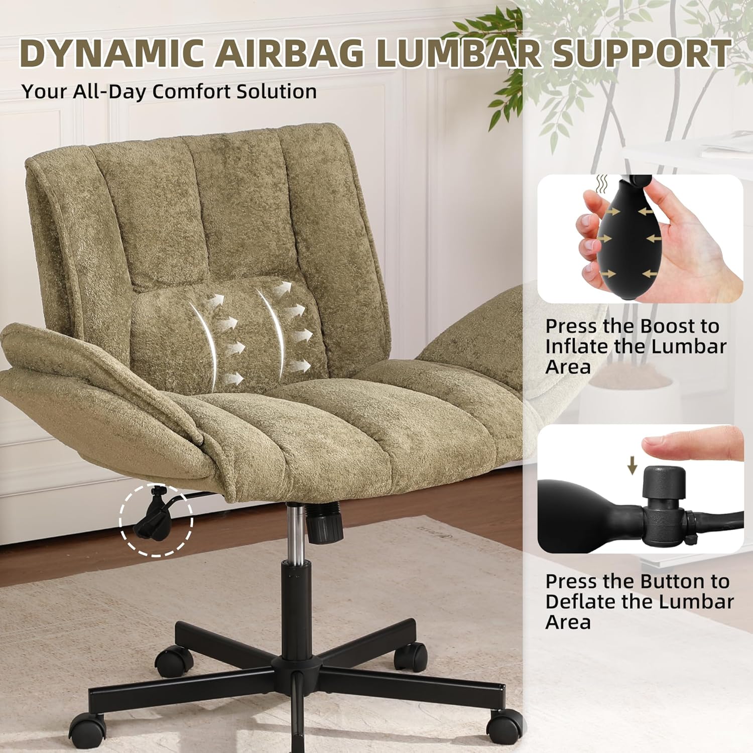 Criss Cross Chair with Wheels & Outward-Folding Arms, Cross Legged Office Chair, Built-in Dynamic Airbag Lumbar Support, Wide Seat Desk Chairs for Home Office, Apartment, Vanity, Light Green