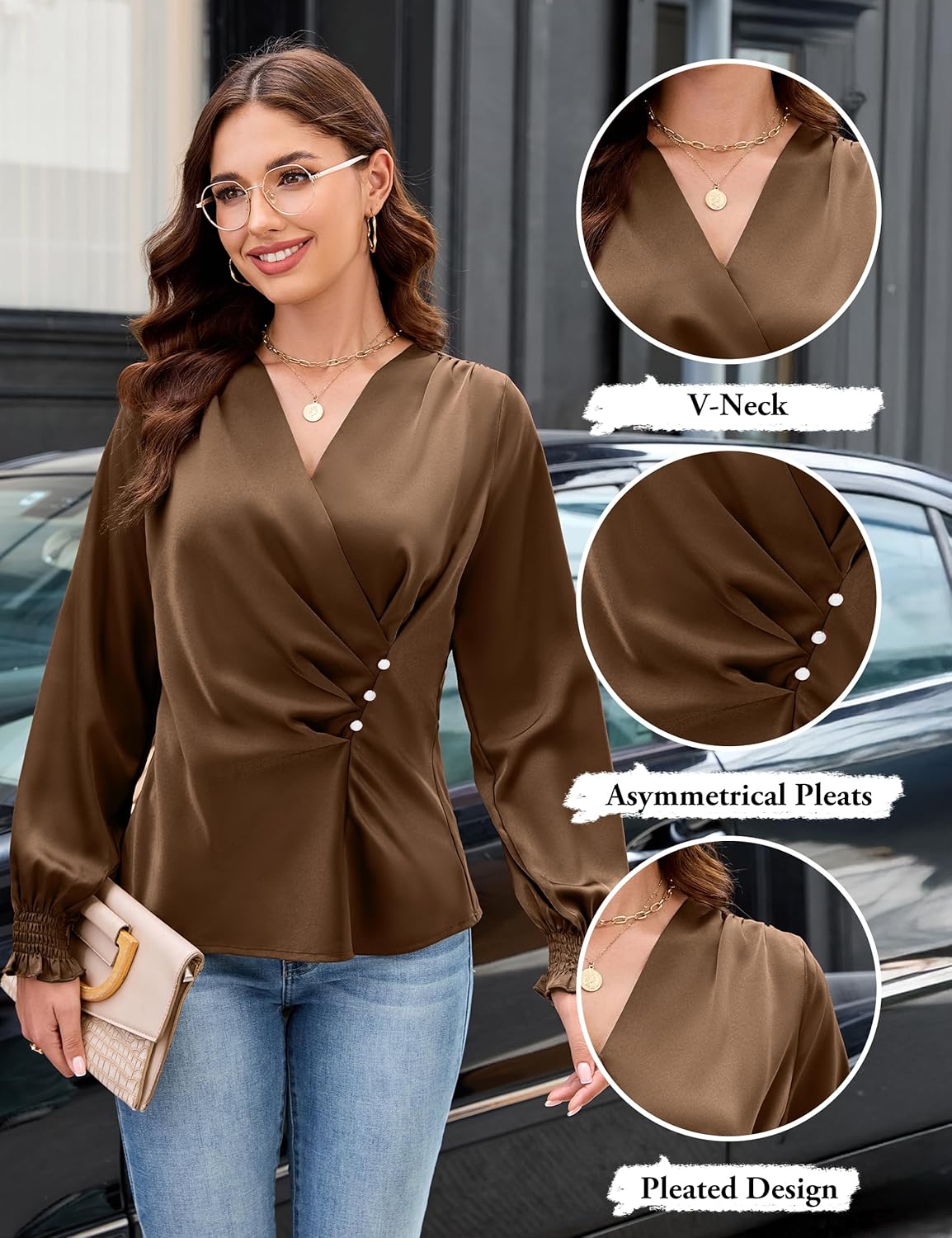 Blooming Jelly Womens Business Casual Blouses Dressy Work Tops Fall Fashion 2026 V Neck Pleated Long Sleeve Shirts - Image 4