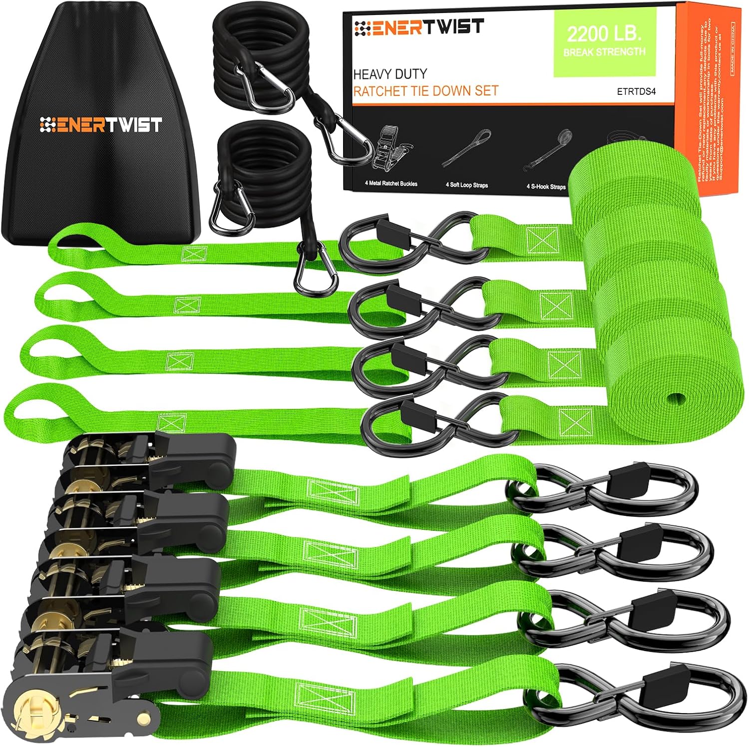 ENERTWIST Ratchet Tie Down Straps – 4 Pack Cargo Straps with Storage Bag