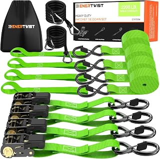 ENERTWIST Ratchet Tie Down Straps,4 Pk 15 Ft, 2,200 LB Break Strength-Motorcycle Straps Tie Downs, Cargo Straps for Trucks, Rubber Handles, Coated Metal Safety Lock S Hooks,2 Bungee Cords, Storage Bag